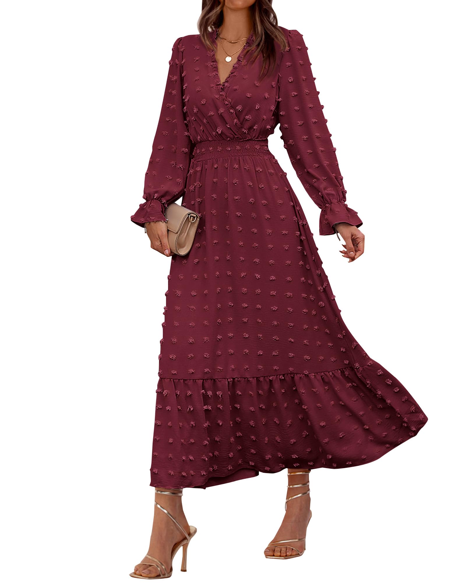 BTFBM Women Fall Maxi Dresses 2025 Long Sleeve V Neck Swiss Dots High Waisted A-Line Ruffle Boho Long