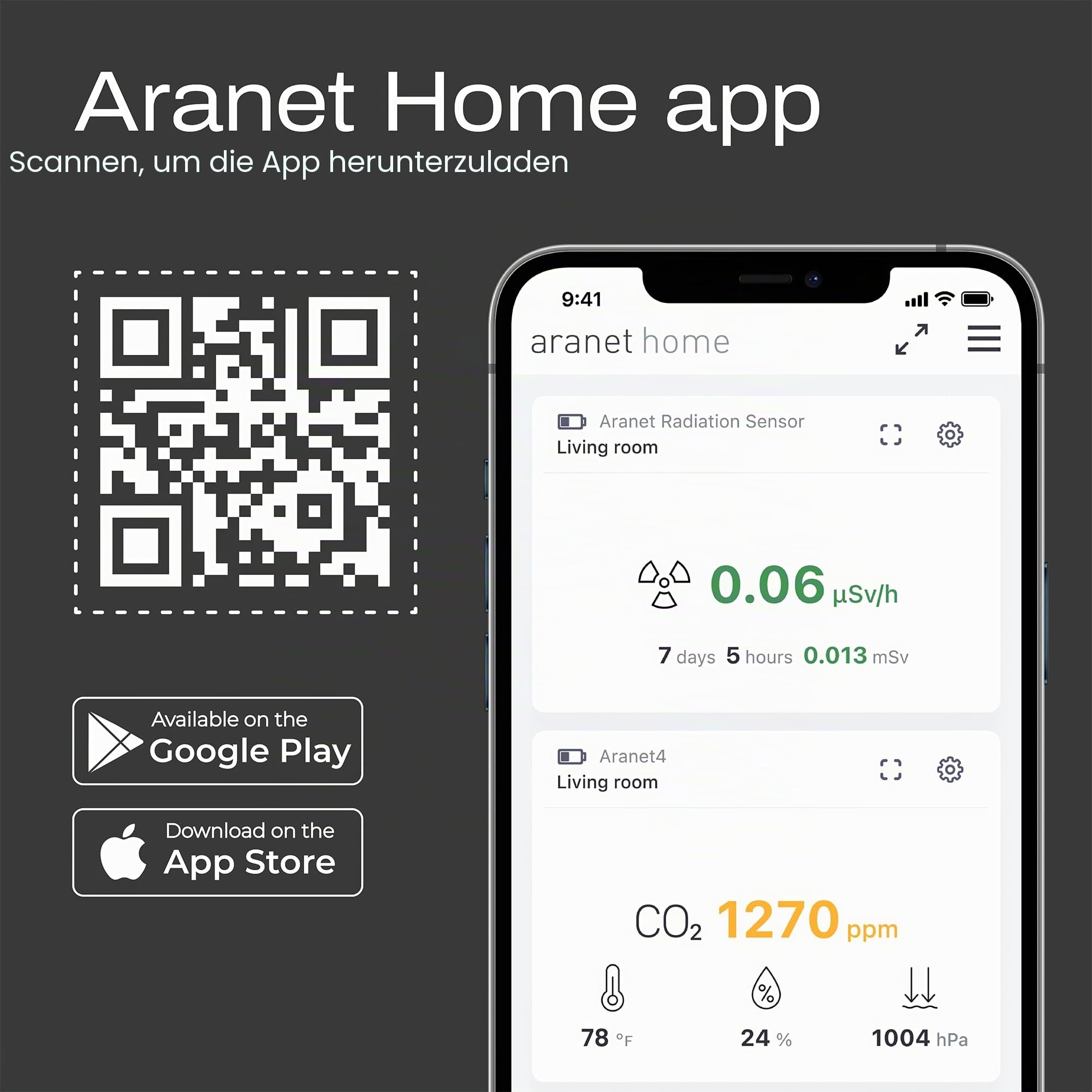 Aranet4 Home Kabelloser Raumluftqualitätssensor CO2 Temperatur Luftfeuchtigkeit tragbar