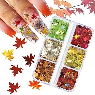 3D Fall Leaves Nail Art Glitter Sequins Laser Sparkly Maple Leaf Nail Glitter Flakes 6 Colors Holographic Autumn Nails Seq...