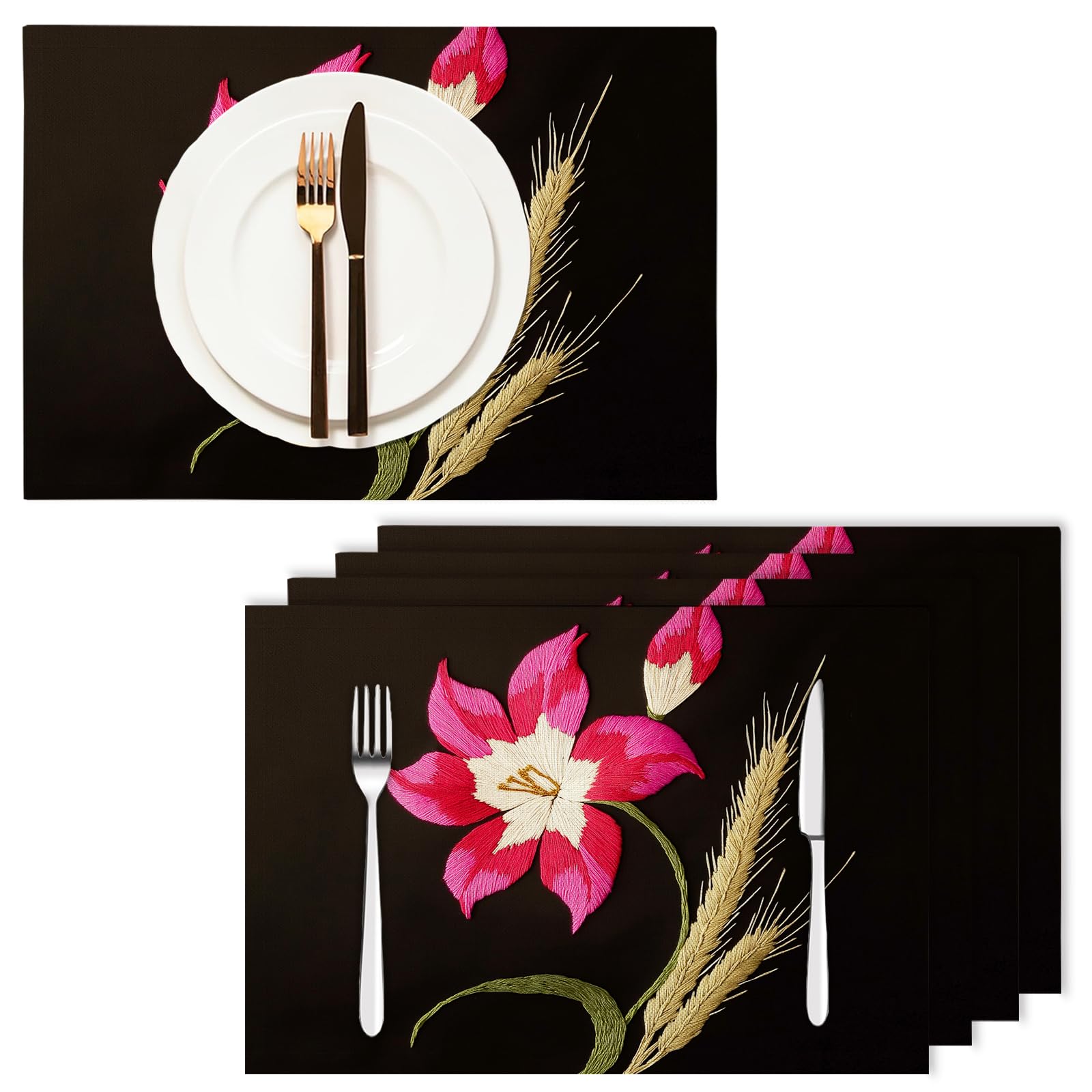 Set di 8 Tovagliette Americane Lavabili Cotone Lino Creatività - Tovaglietta Americana Resistenti al Calore Durevole Fiori ricamati - per Colazione Pranzo 30×45 cm