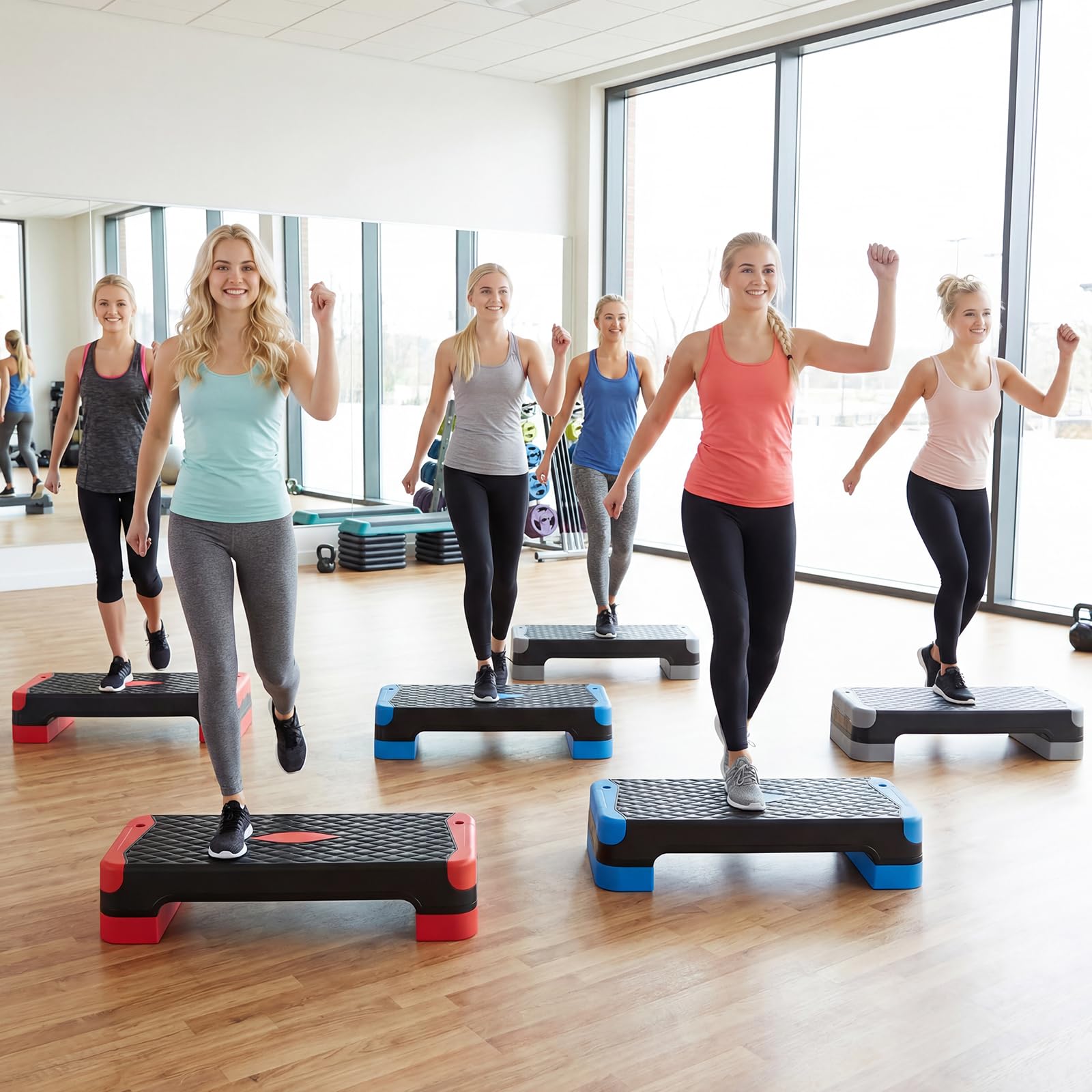 COSTWAY Step Fitness Antiscivolo e Regolabile in 4 Altezze | Stepper Fitness Casa e Palestra con Bande Resistenza, Rialzati e Allenatori Equilibrio, Esercizio Gambe, Glutei e Braccia