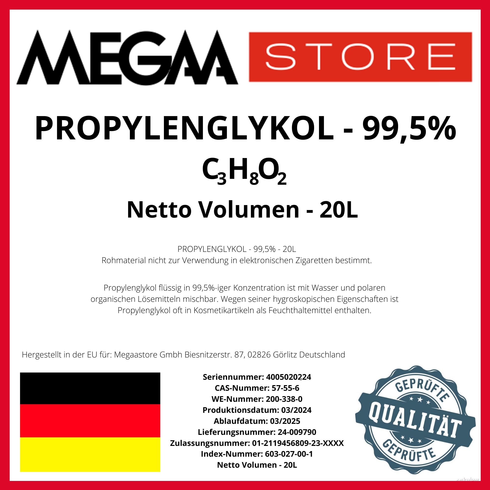 Megaa store Propylenglykol 99,5% | 1L bis 20L | Kühlmittel Solarflüssigkeit Kühlsystem Heizungs- Solar- Klimaanlagen- und Wärmepumpen Installationen