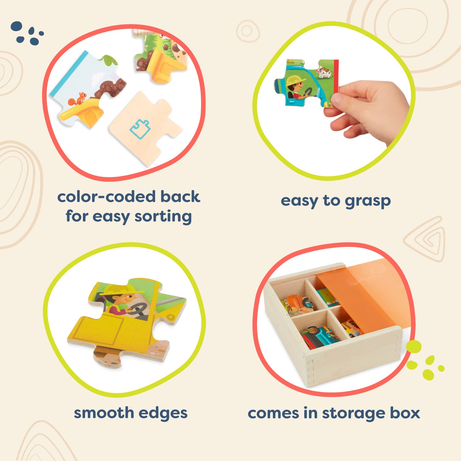 B. toys Drewniany zestaw puzzli – bagażnik samochodowy, ładowarka, koparka, wywrotka – 12 sztuk puzzli dla dzieci – od 3 lat – opakowanie puzzli – ciężarówki