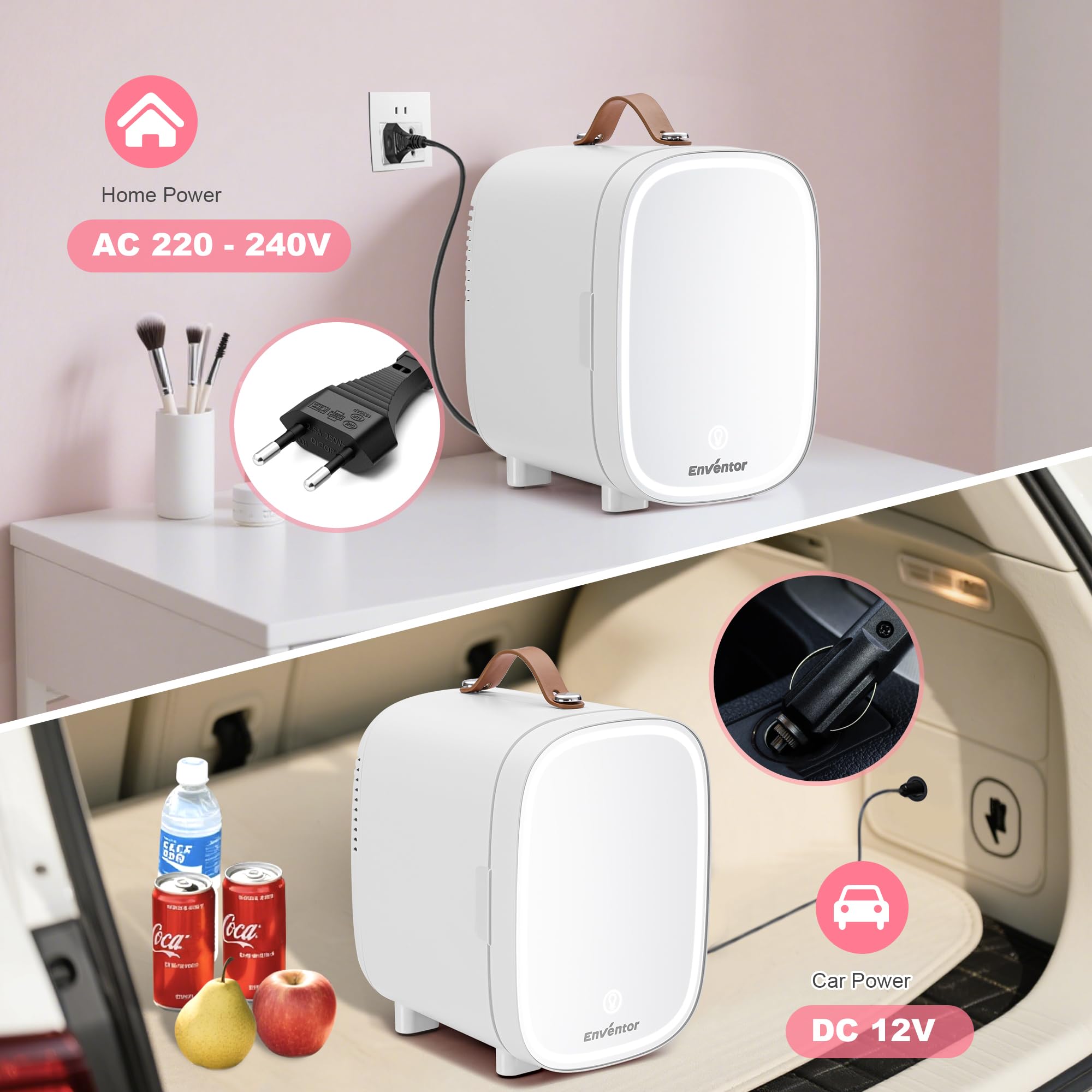 Enventor Mini Lodówka 4L, Lodówka na Kosmetyki z Lustrem z Regulowanym Oświetleniem LED, AC+12V DC, Chłodziarka i Podgrzewacz do Sypialni, Domu, Samochodu/Pielęgnacji Skóry i Jedzenia, Biała