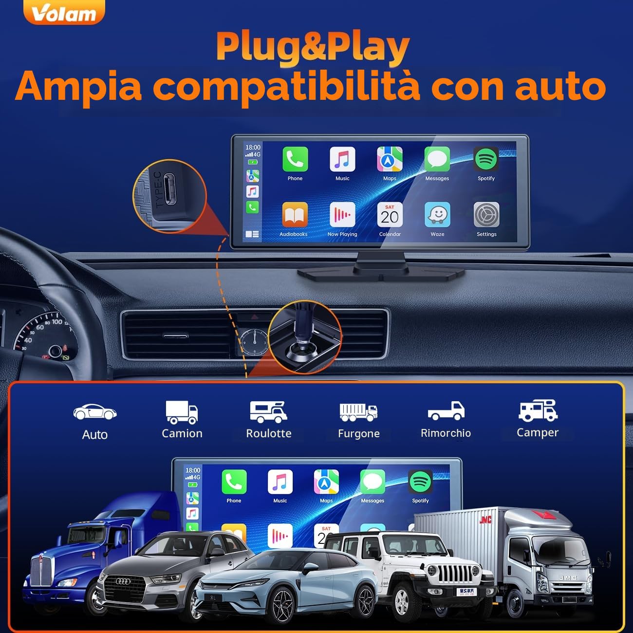 Volam CarPlay Wireless da 9.26" schermo per auto,schermo carplay con lettore stereo per auto A-pple CarPlay&Android Auto,IPS Touch Screen,Autoradio con Voice GPS Navigation/Bluetooth 5.0/MirrorLink