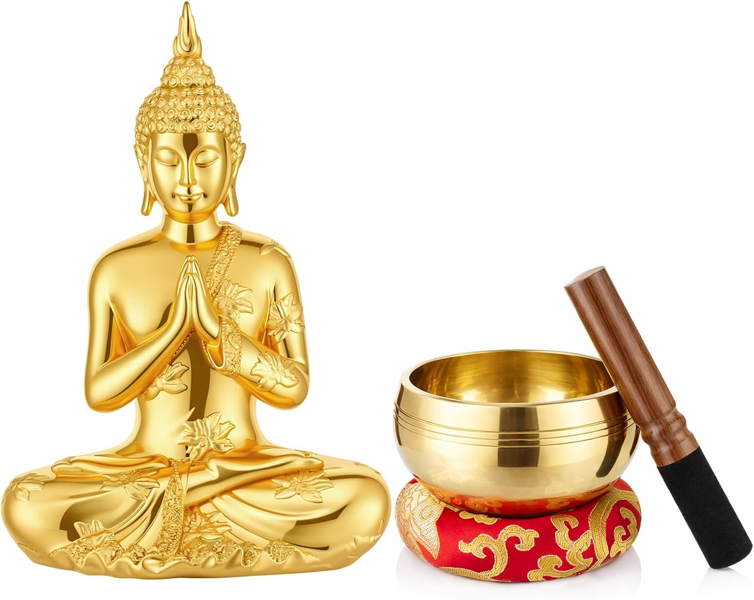 Briwooody 4 Pcs Tibetan Singing Bowl Gift Set 9.1'' Large Gold Buddha Statue 3.7'' Sound Bowl with Wooden Striker Red Cushion Mindfulness Gifts for Women Men Meditation Sound Healing Yoga Home Decor