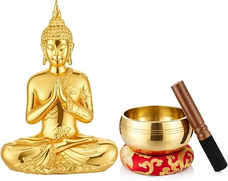 Briwooody 4 Pcs Tibetan Singing Bowl and Buddha Statue Set Meditation Gift