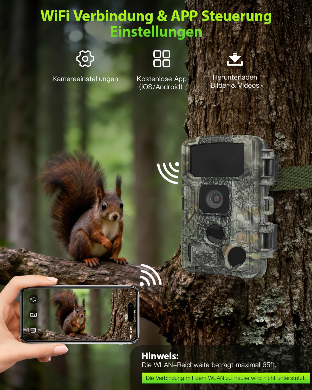 KJK Caméra de chasse avec application de transmission de téléphone portable, 4 K 64 MP HD, Wi-Fi, Bluetooth, caméra de chasse avec détecteur de mouvement, vision nocturne, déclencheur 0,1 s, étanche