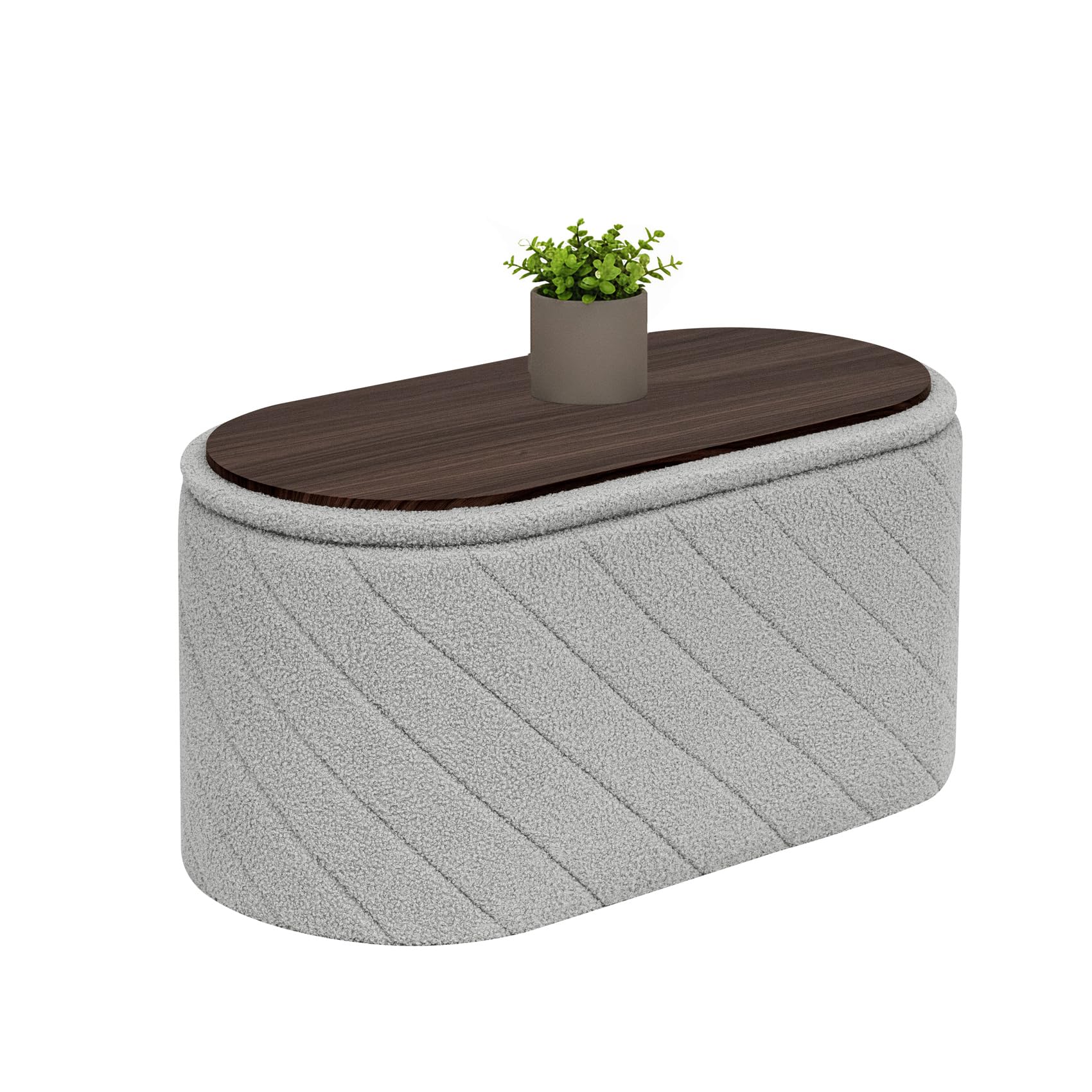 Bonlife Oval Ottoman with Storage Bench, Folding Foot Rest with Lid, Boucle End of Bed Bench,Foostool for Living Room,Bedroom,Entryway,Grey,76x38x38cm