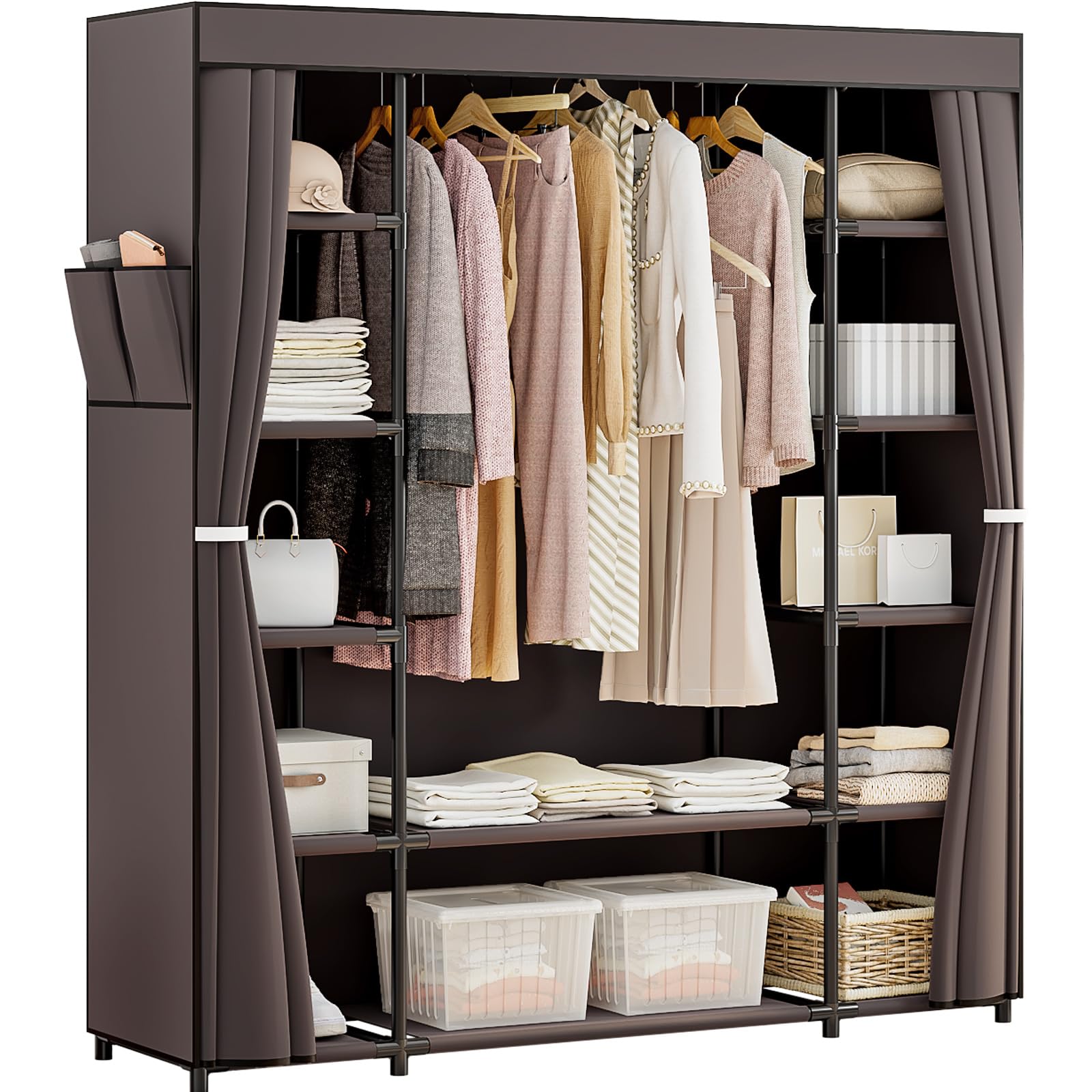 Portable Closet Wardrobe Clothes Rack 59 Inch Freestanding Organizer Storage with Hanging Clothes 12 Storage Shelves for Cloakroom, Bedroom (Coffee)