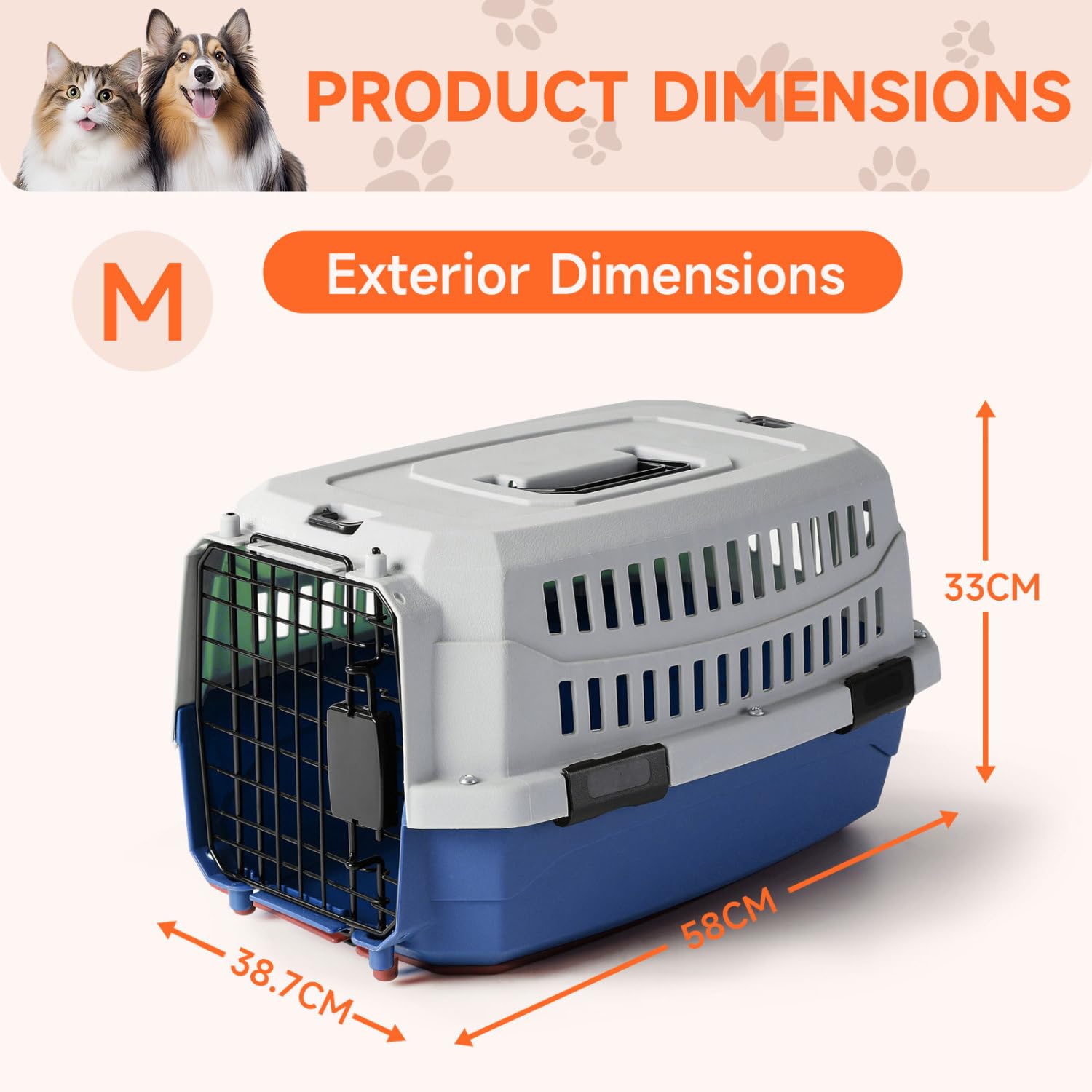 Nobleza Transportín para Gatos y Perros Mediano - Transportín de Plástico Portátil y Transpirable， Certificado para Viajes en Avión， 58x38.7x33 cm， Azul & Gris