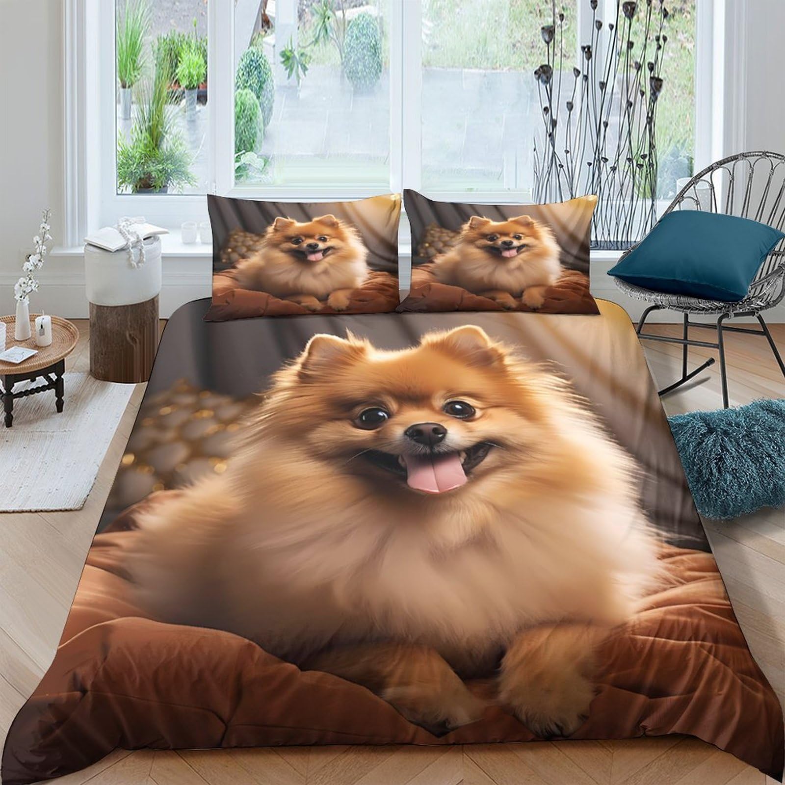 Ctjqhvkz Style-2 3D Printed Fluffy Pomeranian Fitted Sheet Microfiber Soft Breathable Dog Bed Cover For Bedroom Dorm Room Decor Single（135X200cm）