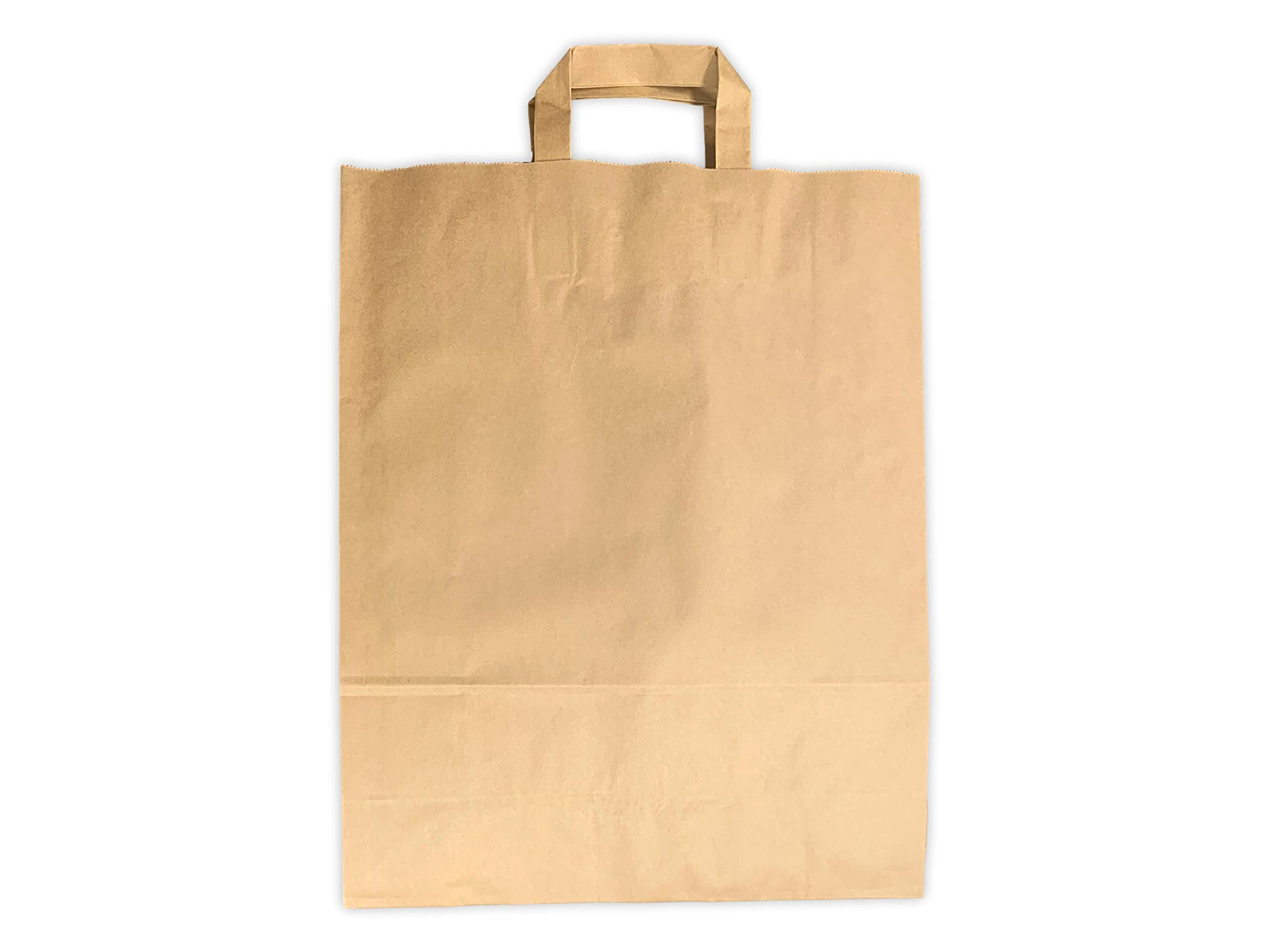 Sac Papier 100 Pièces - Poignée Renforcée Marron 16 Litres - 40 cm Haut x 32 Large x 12 cm Soufflet - Cabas Boutique Solide Résistant pour Vente à Emporter, Magasin, Commerce, Cadeau et Emballage