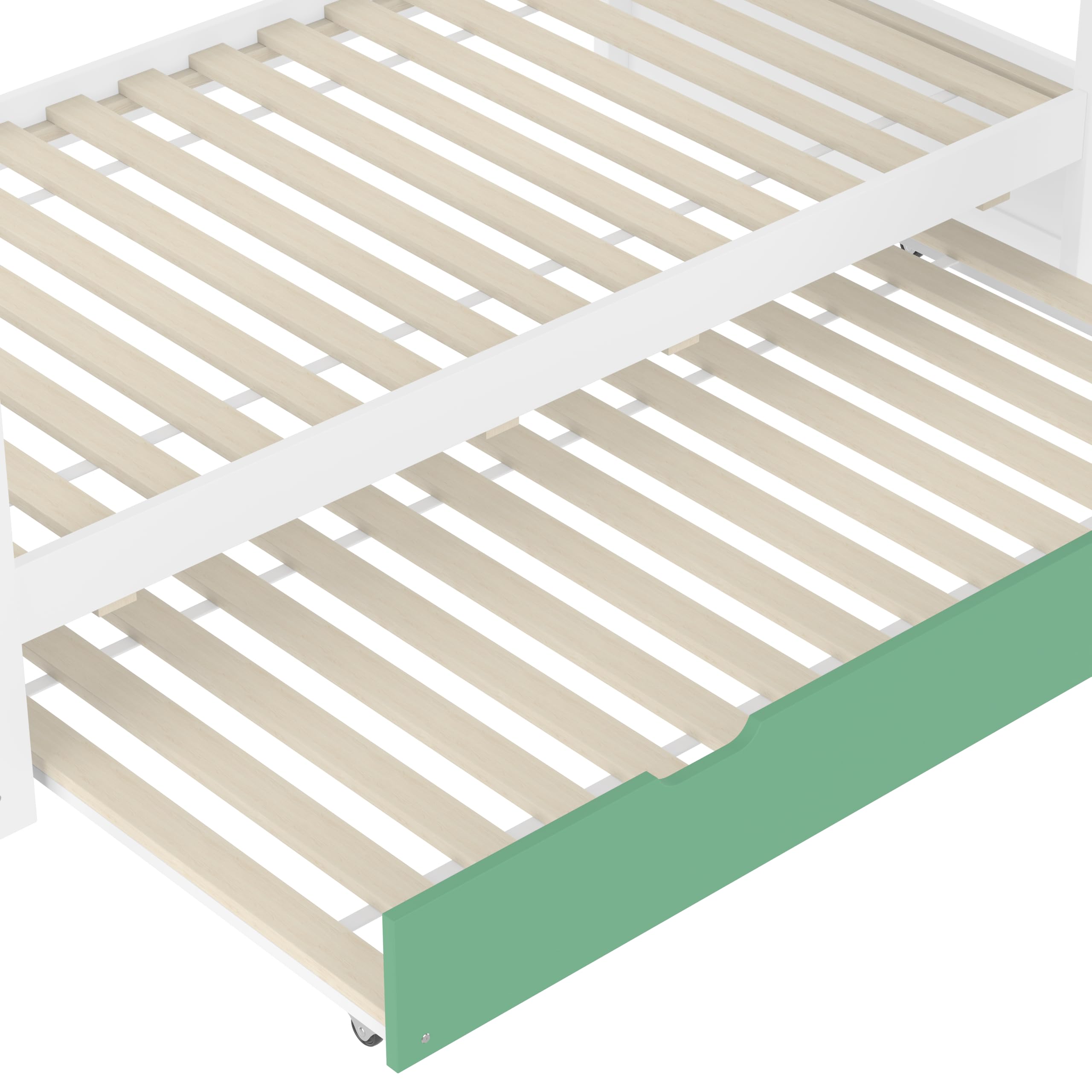 Moimhear Lettino a soppalco, con tetto di casa, con finestre, culla in legno, letto a castello con scivolo, pino+MDF, bianco+verde (90 x 200 x 2 + 90 x 190 cm, con letto estraibile)