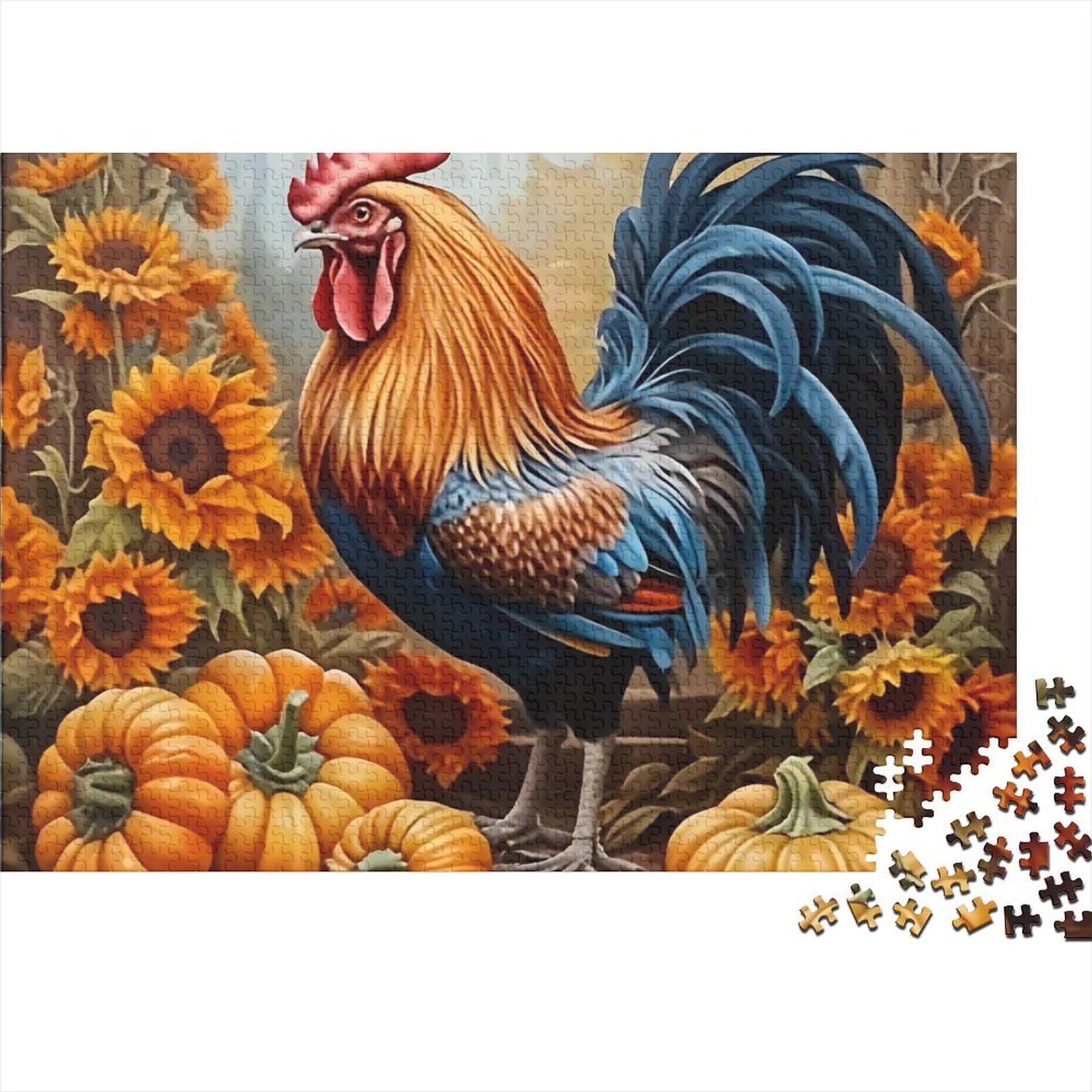 1000 Pieces Autumn Rooster Paper Jigsaw Puzzle for Adults Sunflower Pumpkin Educational Puzzle Ideal Wall Art Gift 38x26cm/1000pcs — image 1