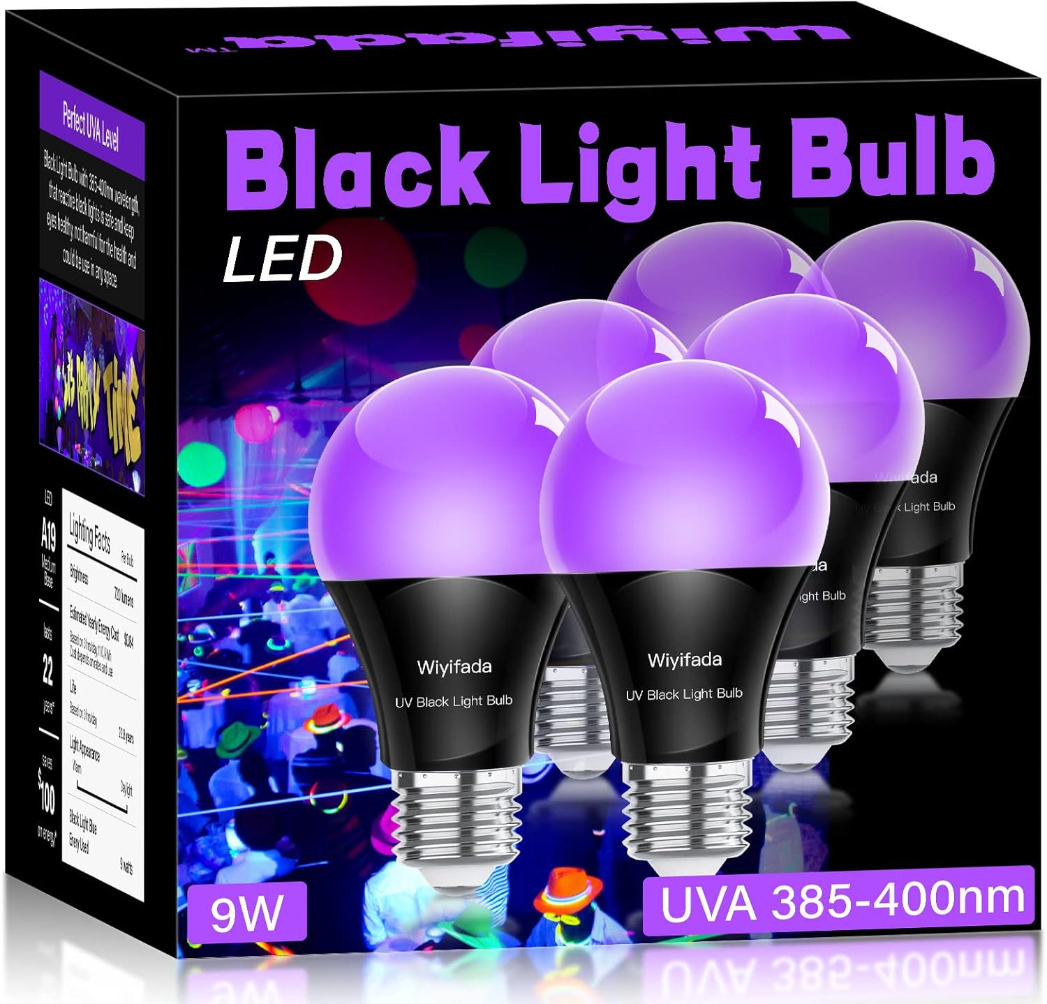 Wiyifada LED Black Light Bulbs 6 Pack, A19 10W Blacklight Bulb Replace