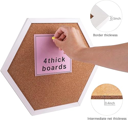 Miniatura 3 de WAYHOUL Tablón de anuncios de corcho para paredes, tablero hexagonal de 12 pulgada de grosor para paredes con marco, corchos pequeños blancos con 10