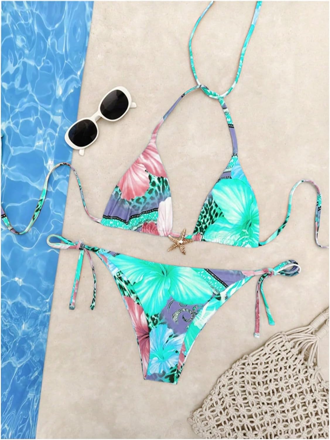 QJQ Women's 2 Piece Bikini Sets Floral Leopard Starfish Metal Triangle Bathing Suit Cheeky String Swimsuit - Image 5