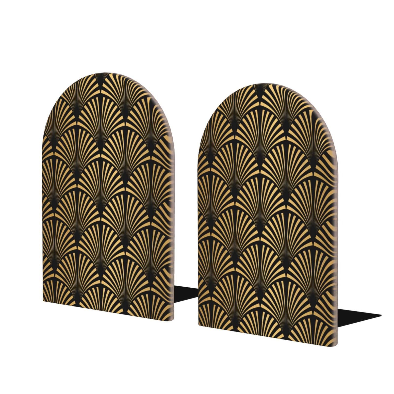 Inomak As Picture Art Deco Pattern Seamless Black Gold, Set Of 2 Bookends Bookshelf Funny Wood Book Stopper Book Ends Book Holder And Stand