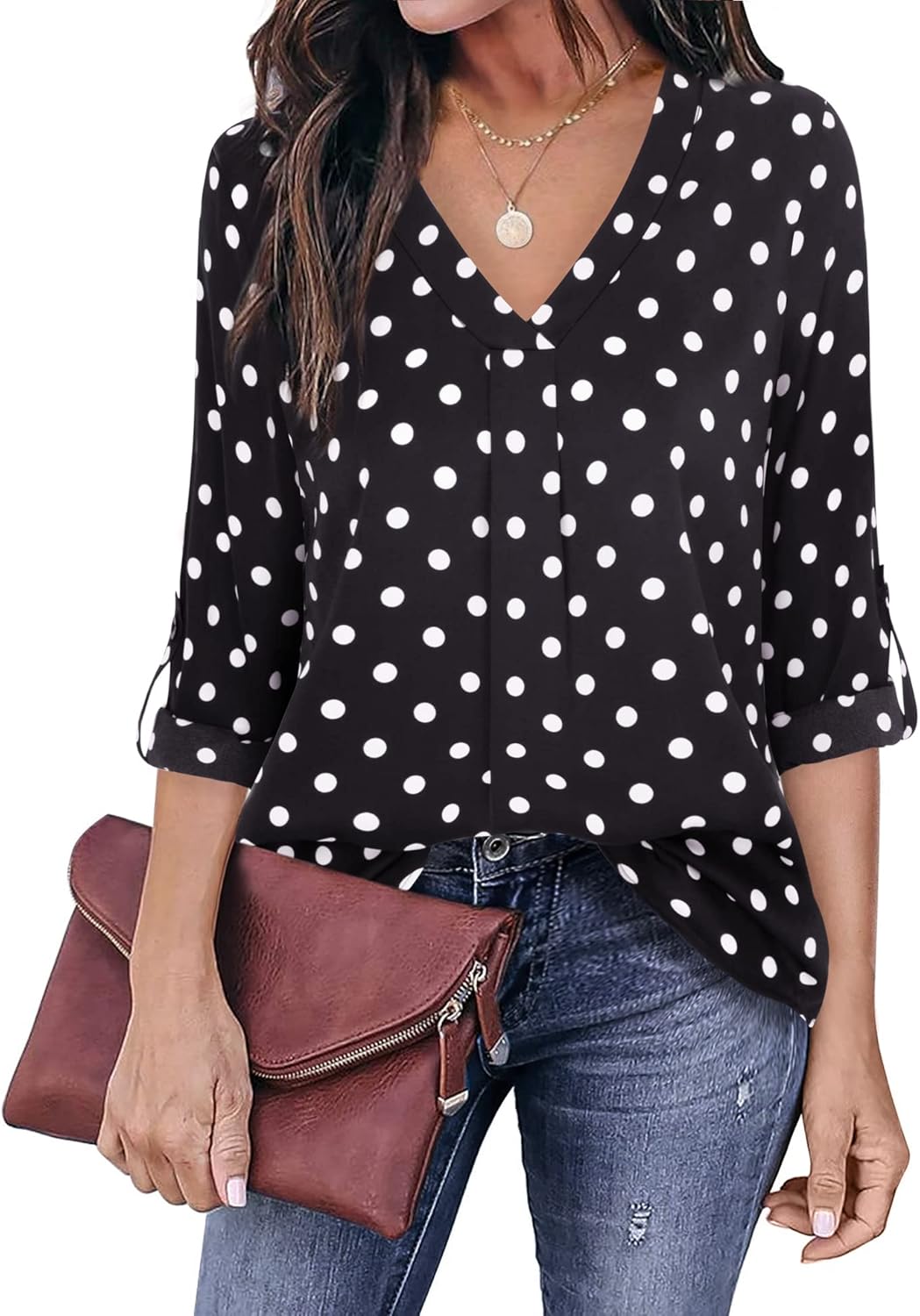 Youtalia Womens Blouses Dressy Casual Business Tops 3/4 Sleeve Chiffon V Neck Work Office Shirts - Image 2