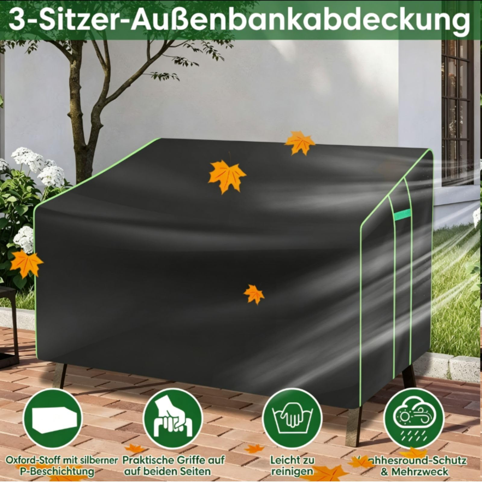 Gartenbank Abdeckung 3 Sitzer 201x110x64/80cm Abdeckung Gartensofa 210D Oxford-Gewebe mit Kordelzug 4 Verstellbare Schnellverschlüsse Wasserdicht Schutzhülle Lounge Sofa für Gärten Außenbänke