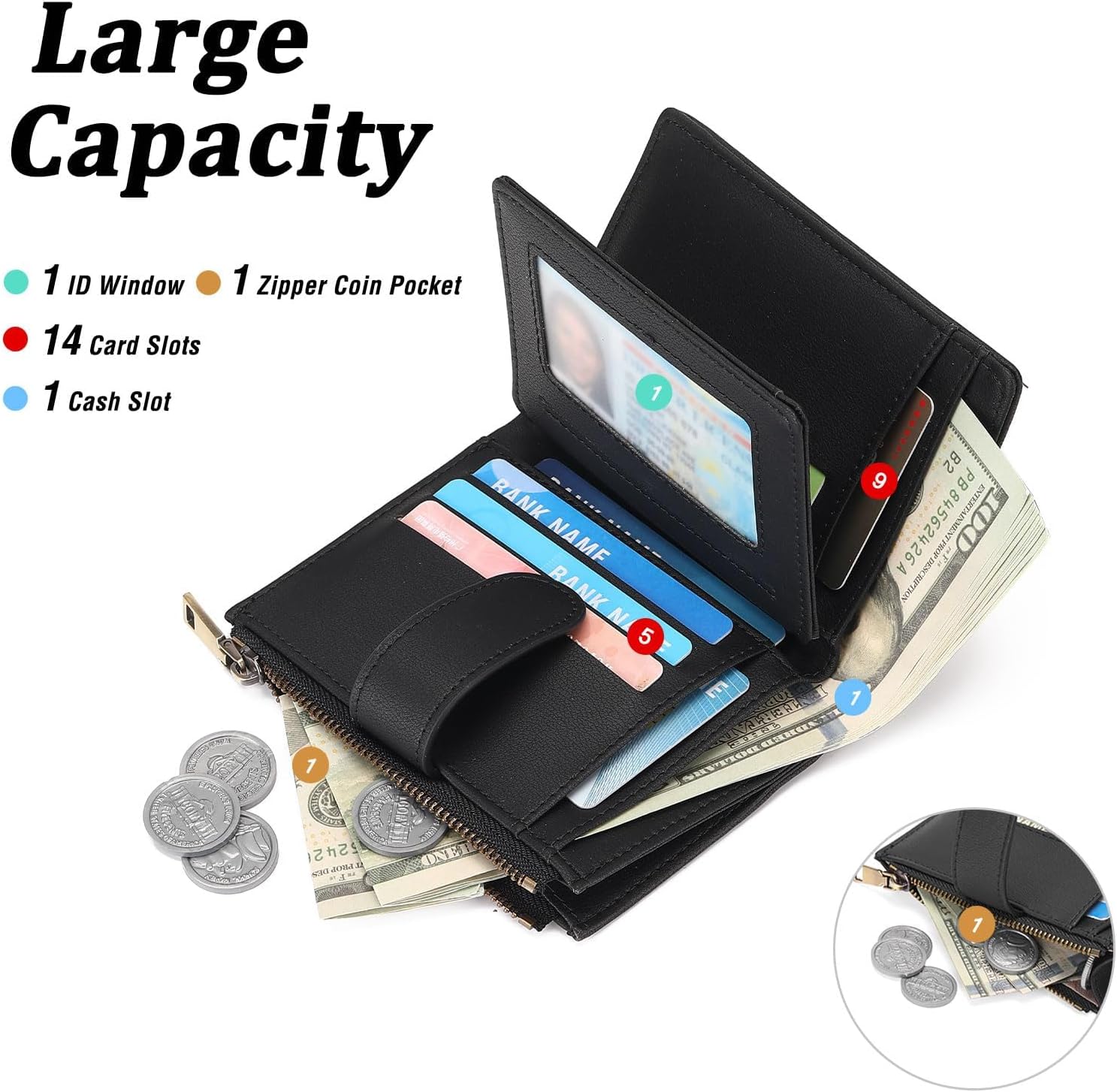 GAEKEAO Small Wallet for Women, Bifold Leather RFID Blocking Ladies Compact Card Holder with Zipper Pocket & ID Window - Image 5