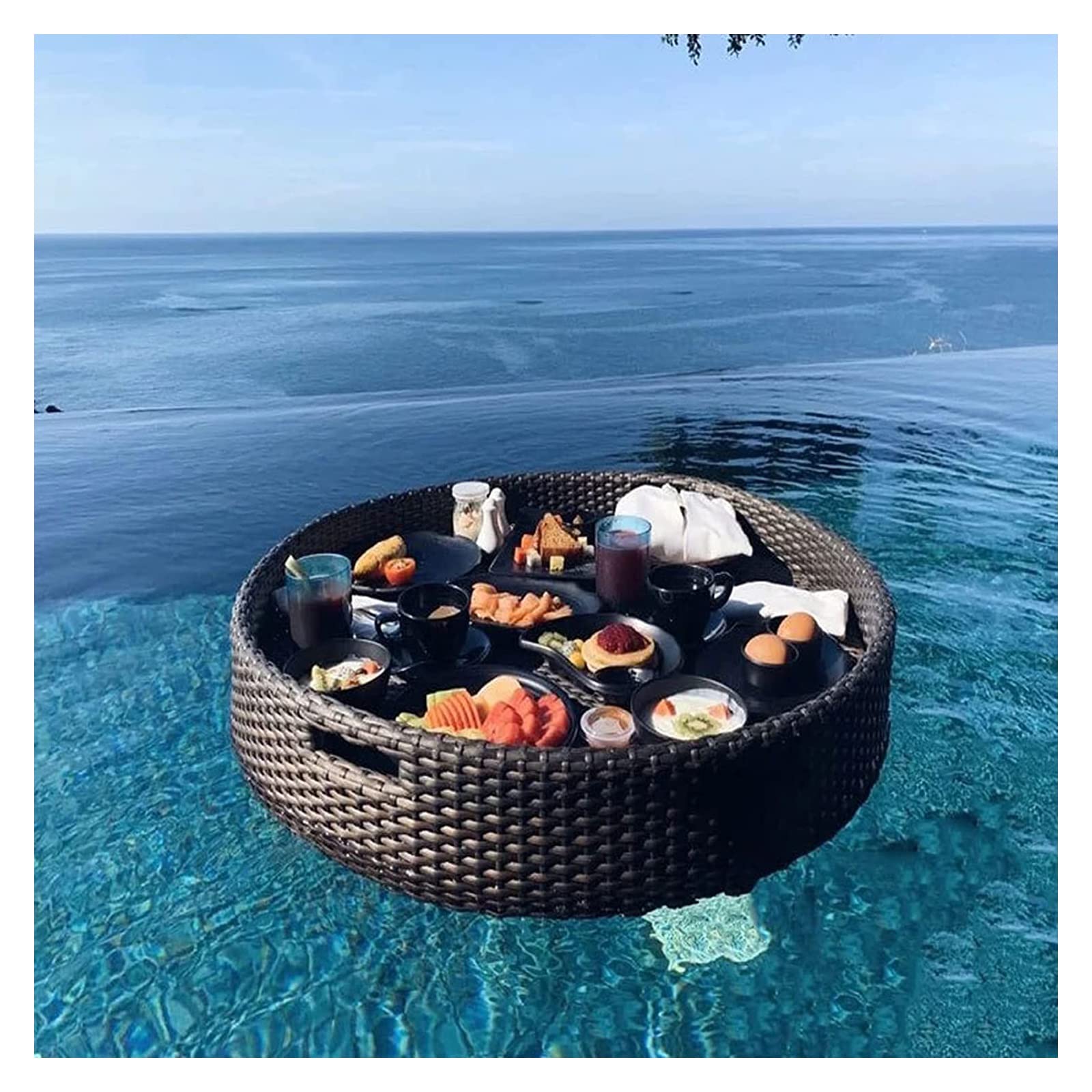 Luxury Floating Serving Tray Pool Tray Table, Black Floating Serving Tray Table and Bar, 60X15Cm Rattan Floating Tray for Pool Serving Drink, Waterproof Floating Breakfast Tray