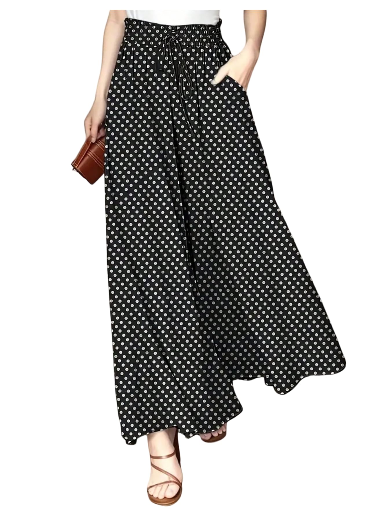 Verdusa Womens Polka Dots Business Casual Baggy Pants Elegant Wide Leg Trousers with Pockets