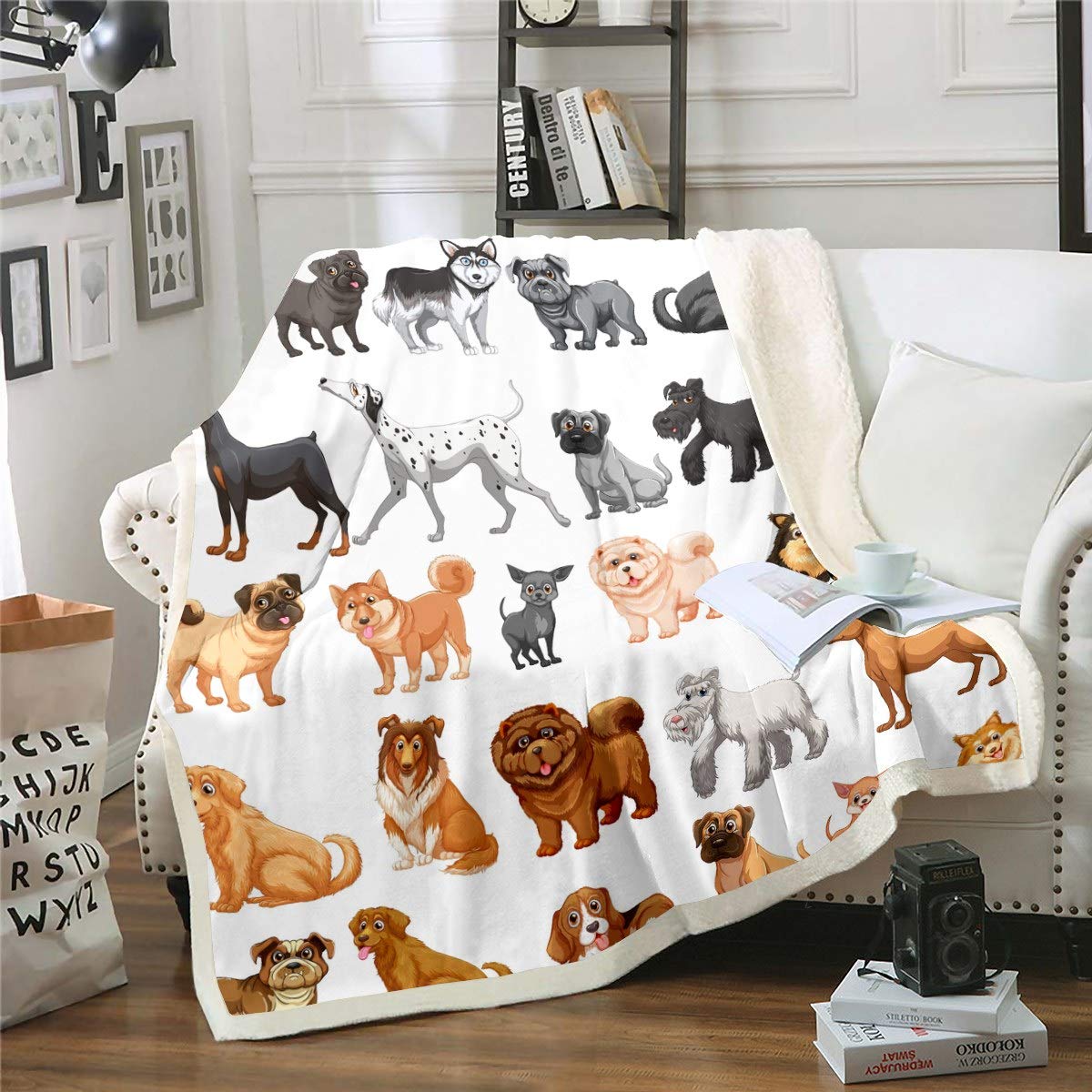 Loussiesd Dog Printed Throw Blanket - Cute Pet Dogs Sherpa Fleece Blanket for Couch, Bed, Sofa - Cartoon Animal Theme - Single 50"x60"
