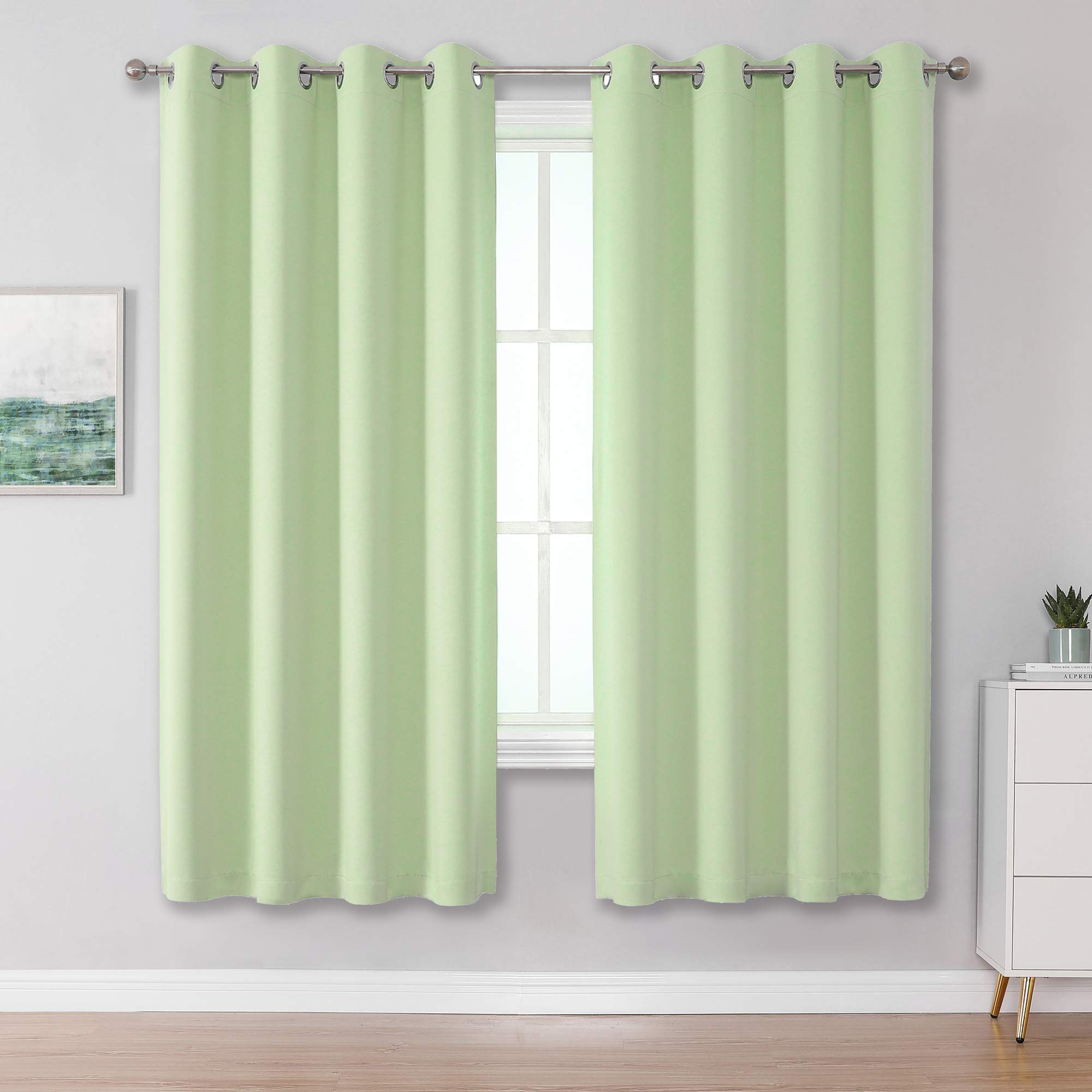 DUALIFE Light Green Blackout Curtain Panels/Drapes for Living Room 63 inch Length Solid Energy Efficient Room Darkening Bedroom Curtains Thermal Insulated Grommet Top 52x63 inch Set of 2 Panels