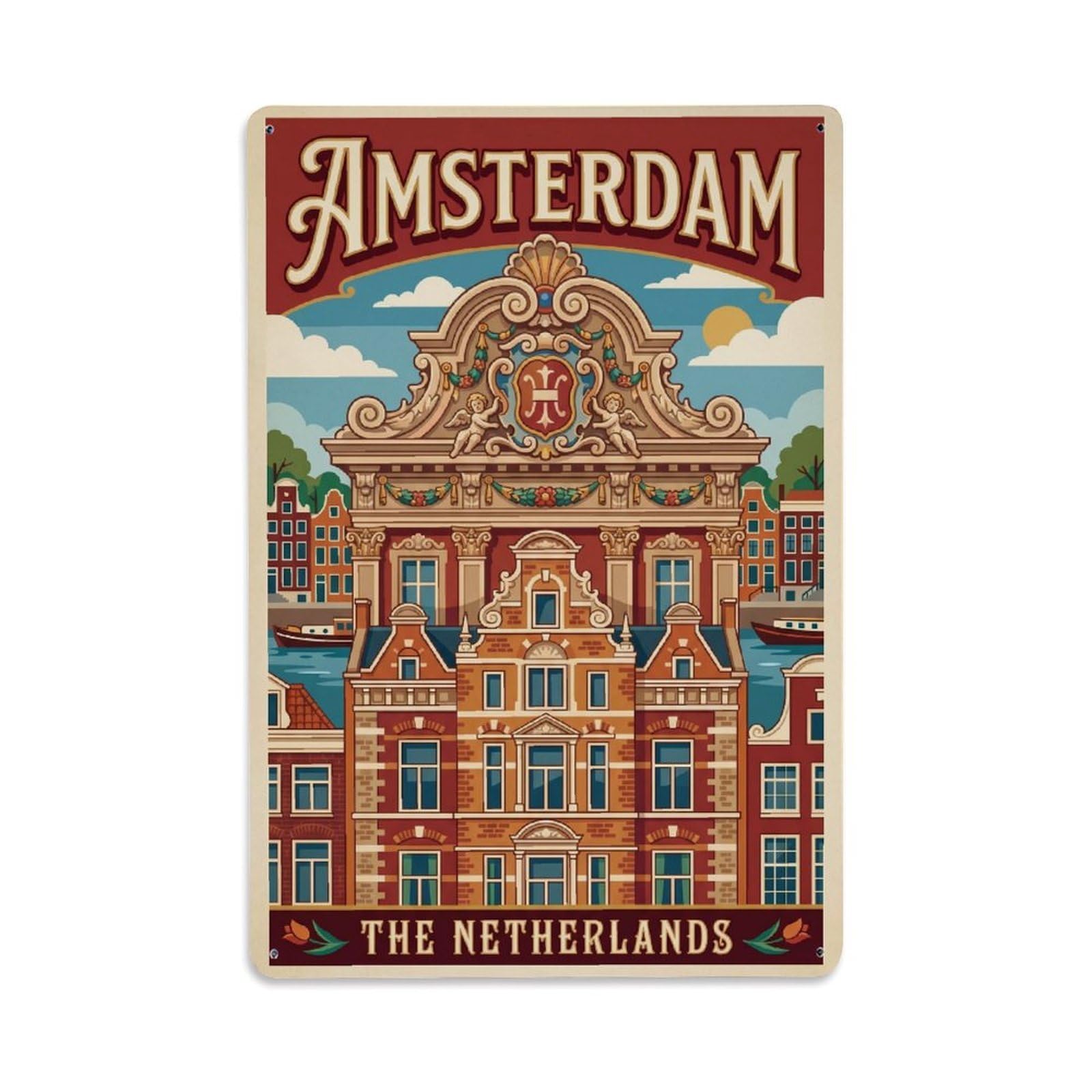 Okngb Style Amsterdam Ornate Pediment Landmark Retro Travel Dutch Metal Tin Sign Plaque Wall Decor For Cafe, Man Cave, Club Bar, Office, Home Garden Round Metal Poster 8X12inch
