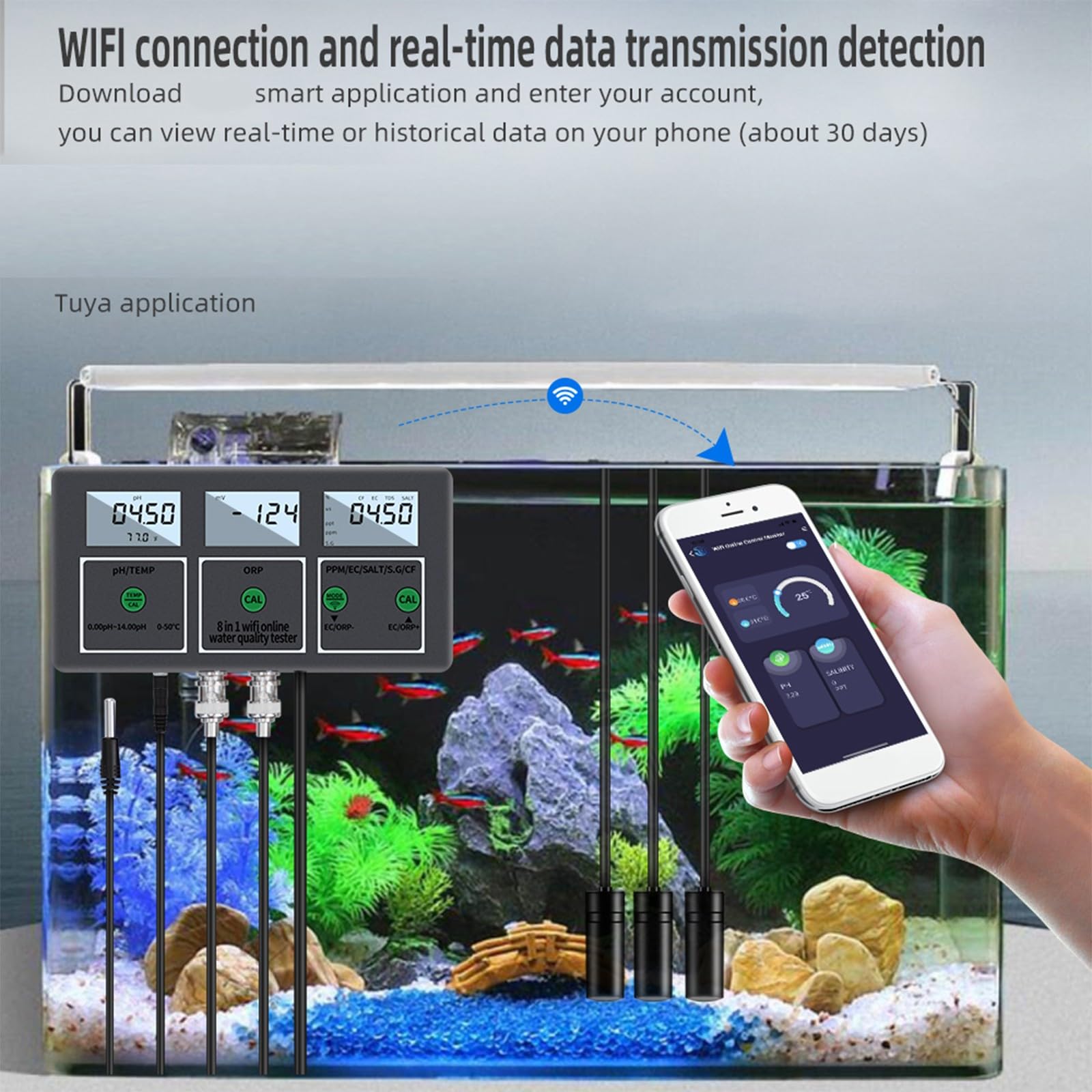 Controllo completo dell'acqua 8 Parametri Test con connessione WiFi per una rapida salinità Legge il misuratore di temperatura della salinità dell'acqua piccola