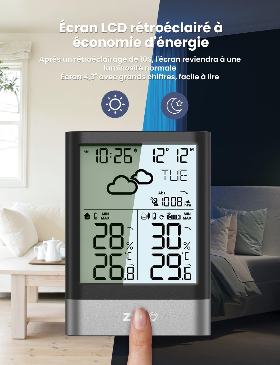 LIORQUE Station Météo Sans Fil Avec RCC, Thermomètre Hygromètre Baromètre Intérieure Extérieure Température Prévisions Météorologiques, LCD Ecran Rétro éclairage Horloge Numérique Alarme Snooze