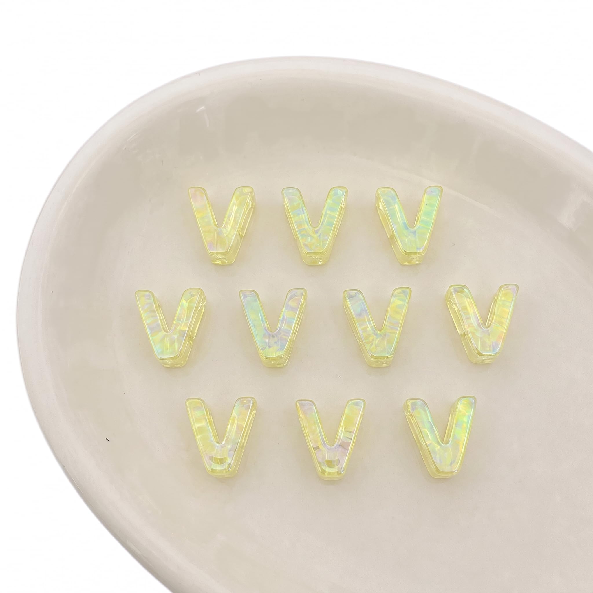 Letter Beads 10pcs, Large Acrylic Alphabet Beads with 6mm Hole, Iridescent Holographic UV Plated for Bracelet Making, Jewellery, Keyrings & Craft (Iridescent Yellow, Letter V)