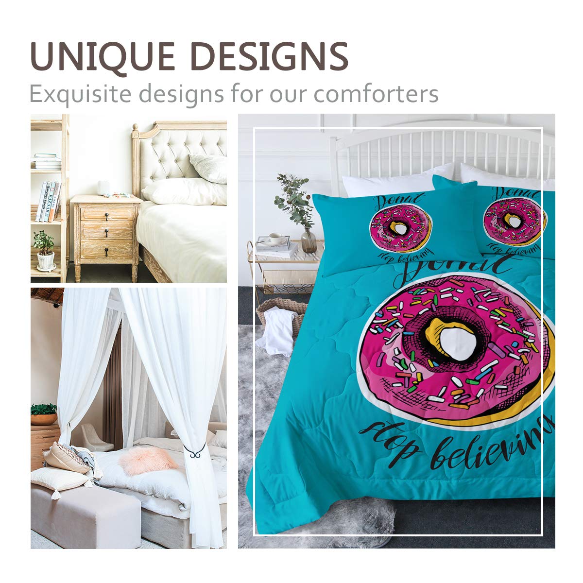 BlessLiving Donut Comforter Set 3D Bedding Donut Dessert Quilt Coverlet King Girls Blue Bedding Set 3 Piece Pink Donut with Sprinkles Cute Bedspread