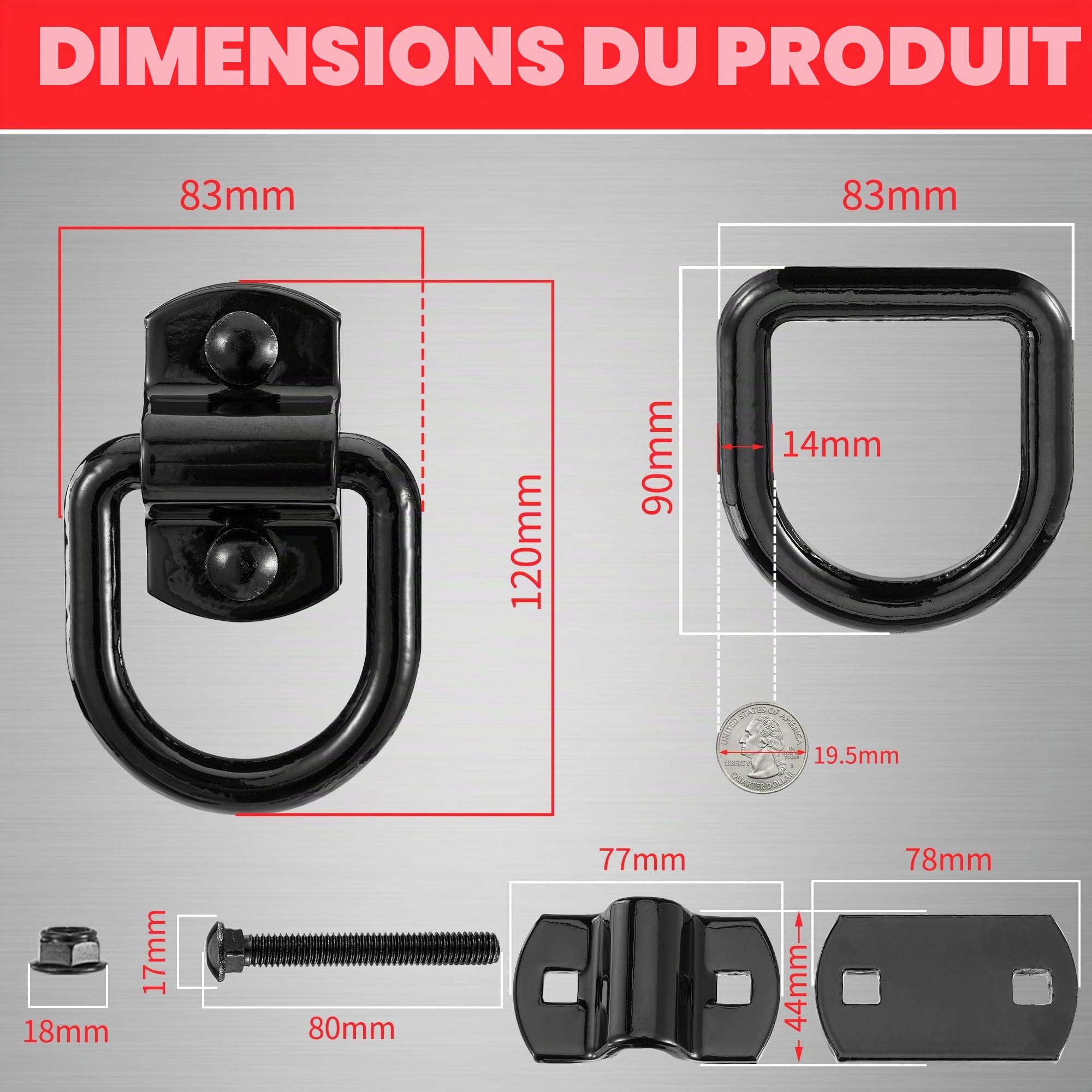 Idong Lot de 4 Œillets d'Arrimage Robustes, Point de Butée Vissable 5400 kg, Anneaux d'Arrimage avec Plaque de Montage et Vis, Noir Accessoires de Remorque pour Bateaux,Voiture,Camions,Fourgonnettes