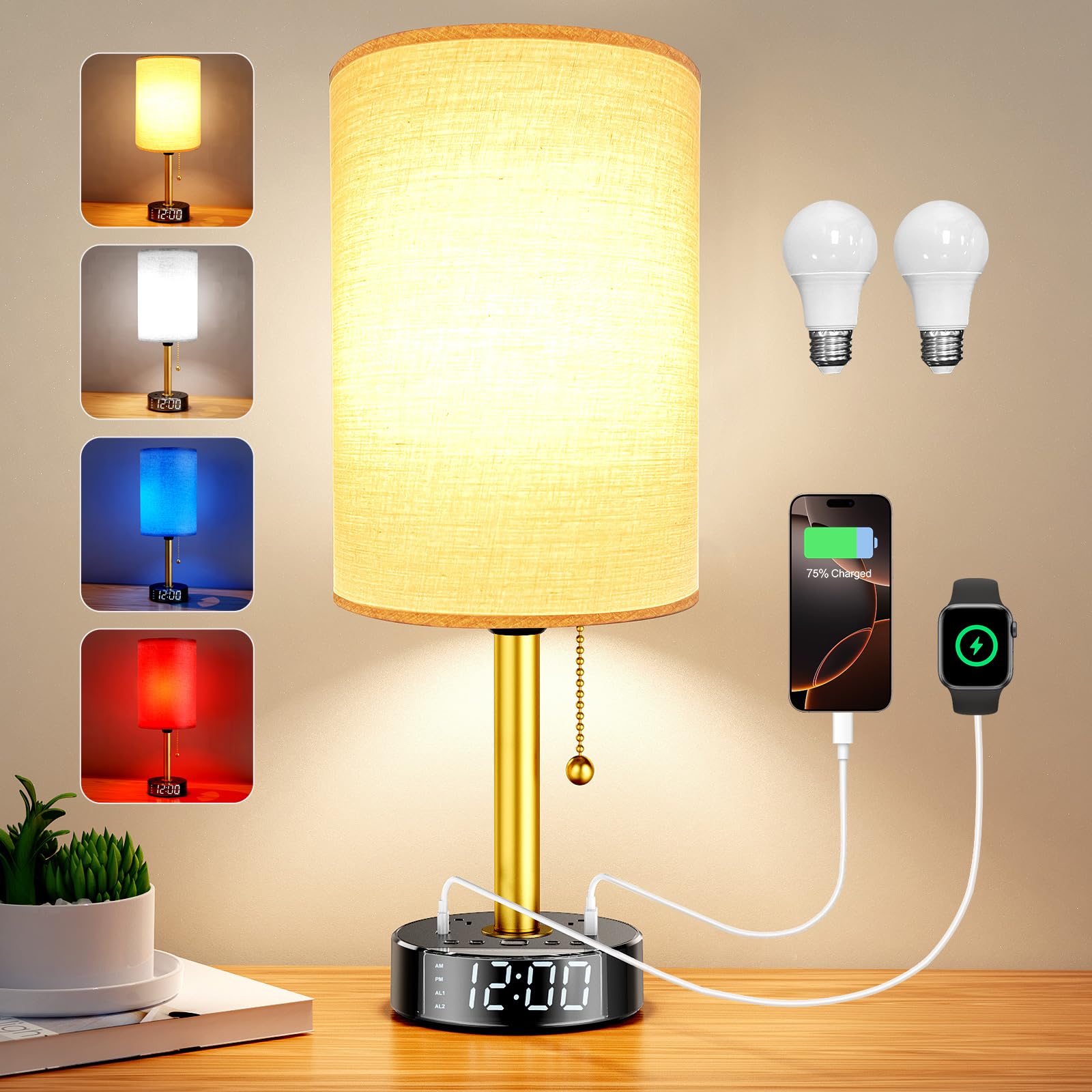 Lampada da comodino per camera da letto, lampada da tavolo con porte USB A e USB C di ricarica rapida e 2 prese di alimentazione CA, base sveglia, paralume rotondo in tessuto nero, lampada da comodino