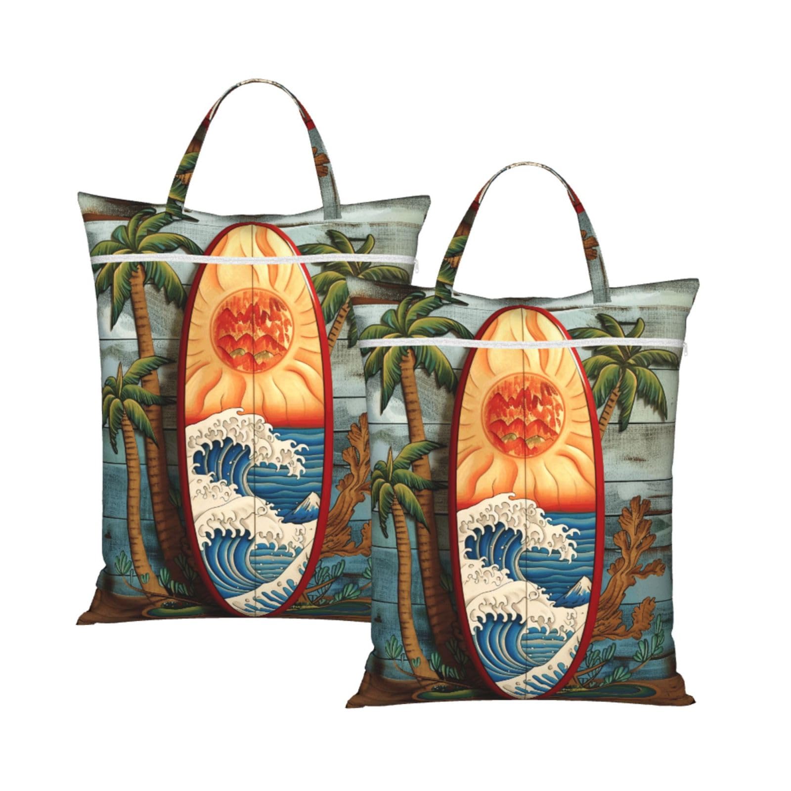 Large Travel Laundry Bags,Surfing Board Print with Handle Foldable Laundry Bag for Holidays Gym Swimming and Family Trips, 2Pcs