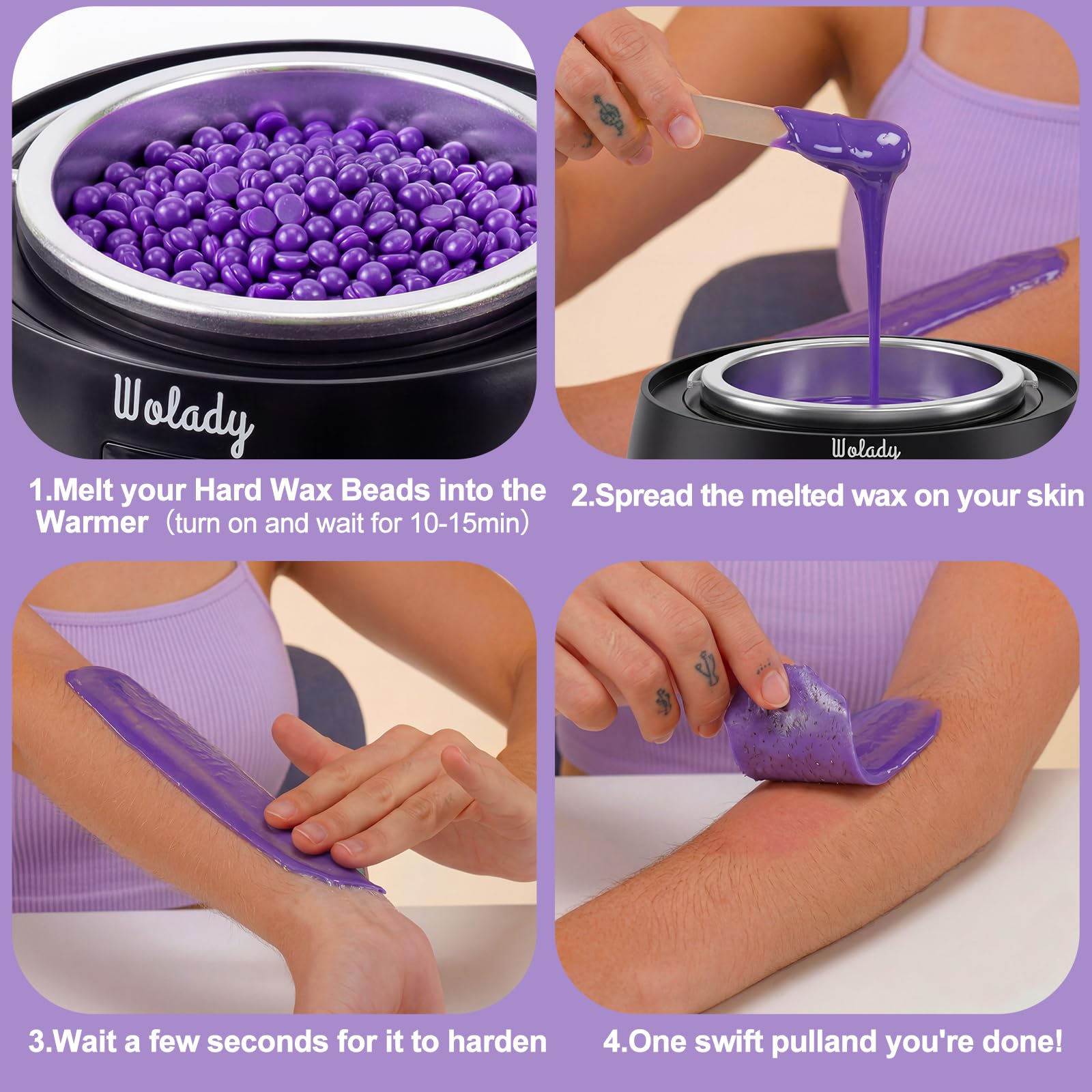 Chauffe Cire Épilation à la Cire Chaude Professionnelle 500ml, Wolady Smart Appareil à Cire Avec 4 Sachets Cire et 10pcs Bâtons Épilation Visage Bras Jambes Aisselles (Noir)