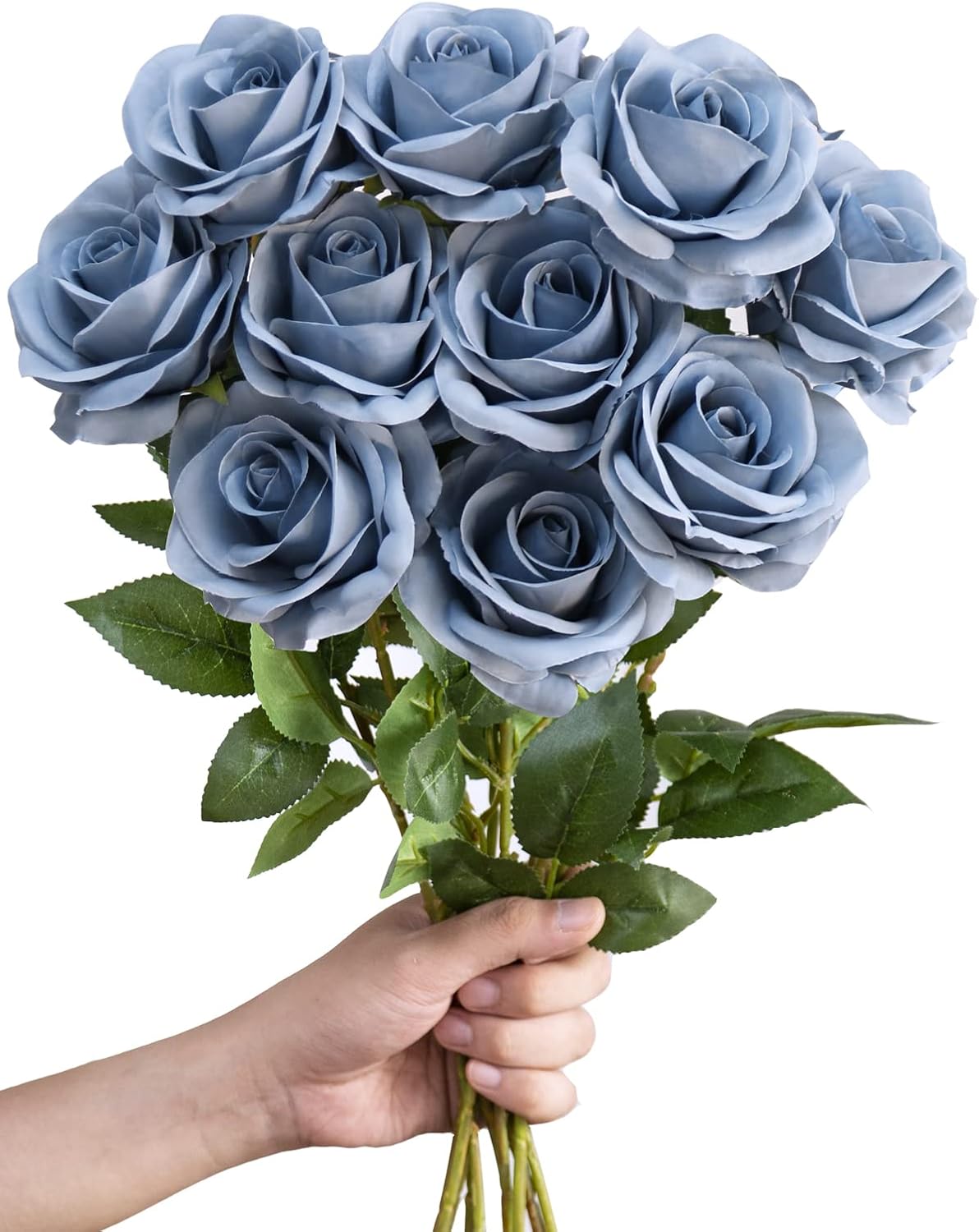 LFF 10pcs Silk Roses Artificial Flowers Fake Long Stem Roses for DIY Wedding Bouquet Home Decoration (Dusty Blue)