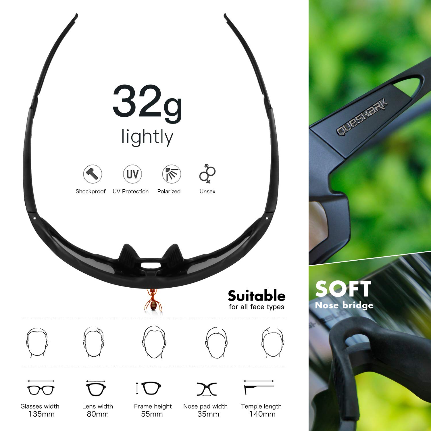 Queshark Polarizzati Occhiali Ciclismo con 4 Lenti Intercambiabili Occhiali Bici Occhiali Sportivi da Sole Anti UV da Uomo Donna per Corsa,MTB