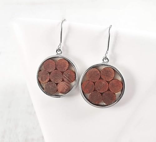 Miniatura 5 de Wood Statement Circle Earrings, Boho Style Dangle Drop Sterling Silver 925, Wood and Resin Interior, Polished finish, Handmade in Peru by Claudia