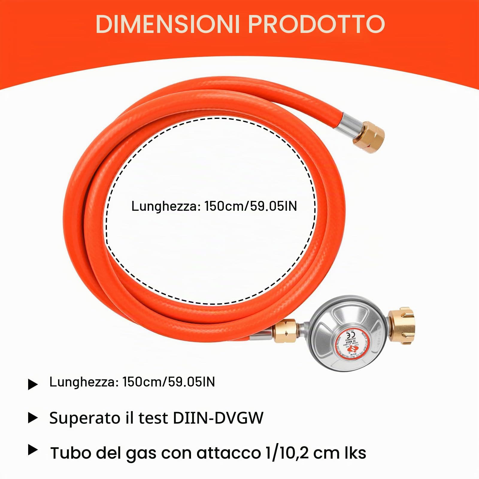 Regolatore di pressione del gas, 50 mbar, tubo del gas, 150 cm, filettatura esterna, 1/4" -19 LH, regolatore di pressione a bassa pressione per barbecue per campeggio, picnic, barbecue