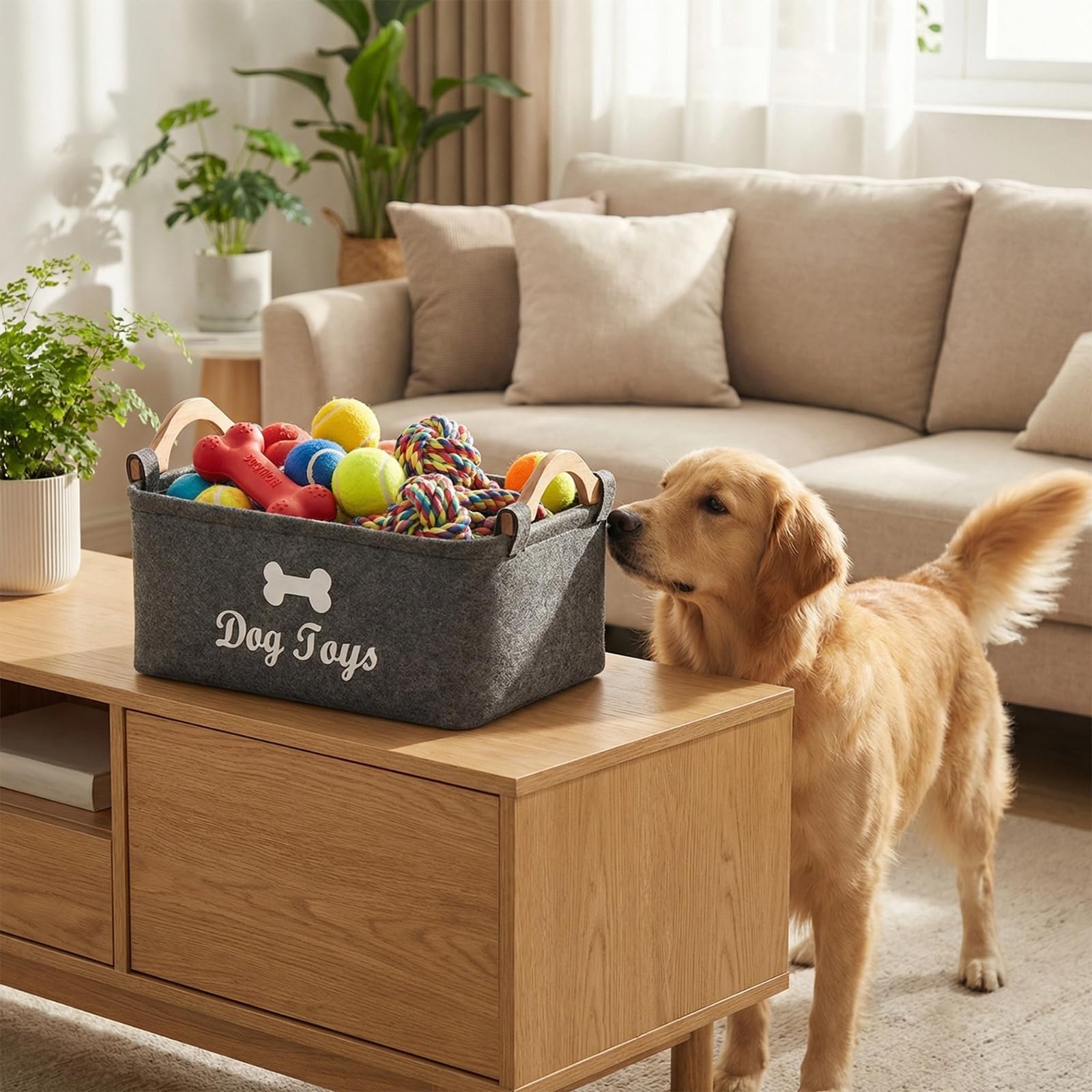 Vauki Caja de almacenamiento para juguetes para perros, 38 x 25 x 18 cm, plegable, de fieltro con mango de madera, cesta de almacenamiento para guardar suministros para mascotas y juguetes (gris