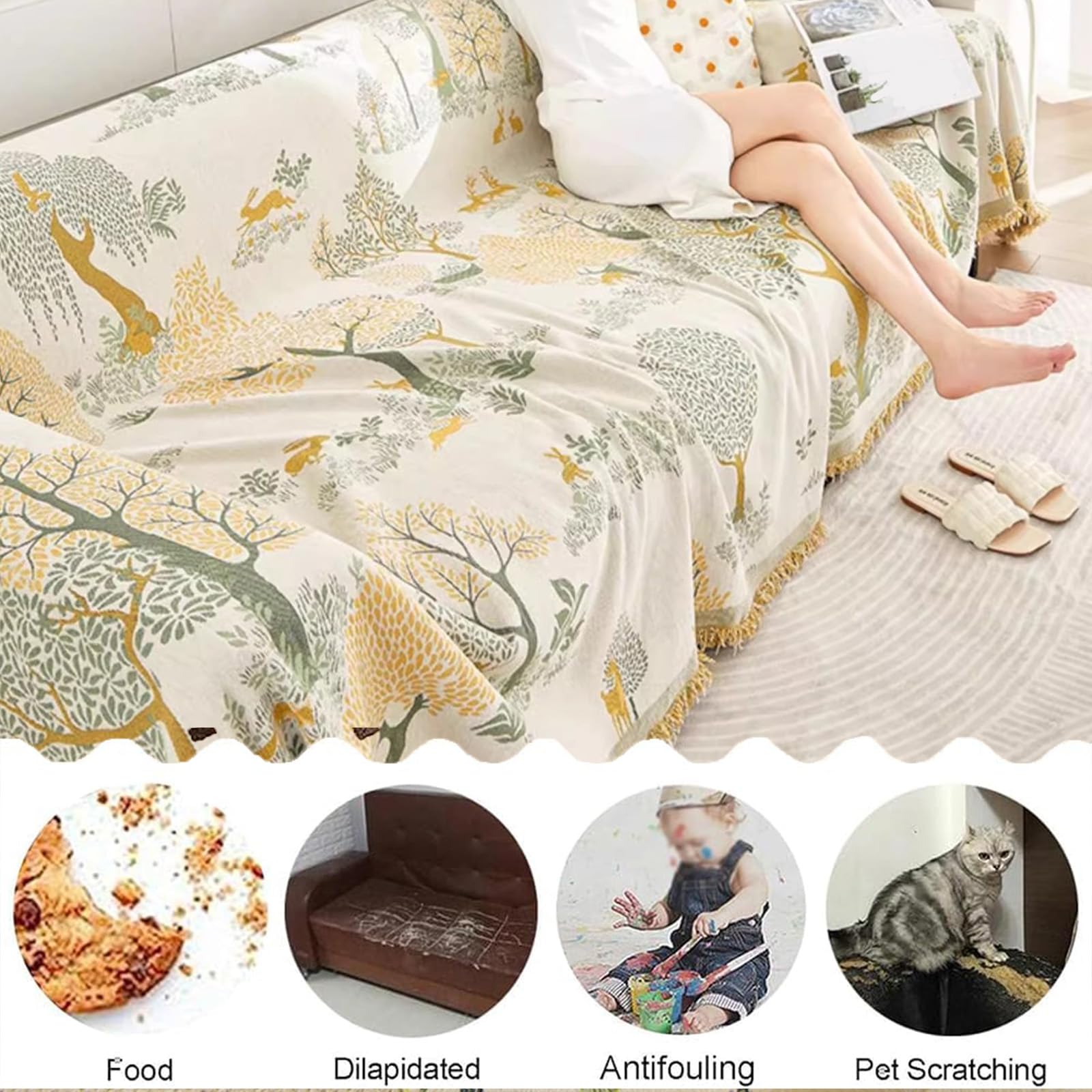 Coperta Copripoltrona in Chenille, Grande Plaid Reversibile con Albero per Divani da 3, 2 e 4 Posti, Copertura Angolare a L Versatile Khaki 180x230cm/70.87x90.55in