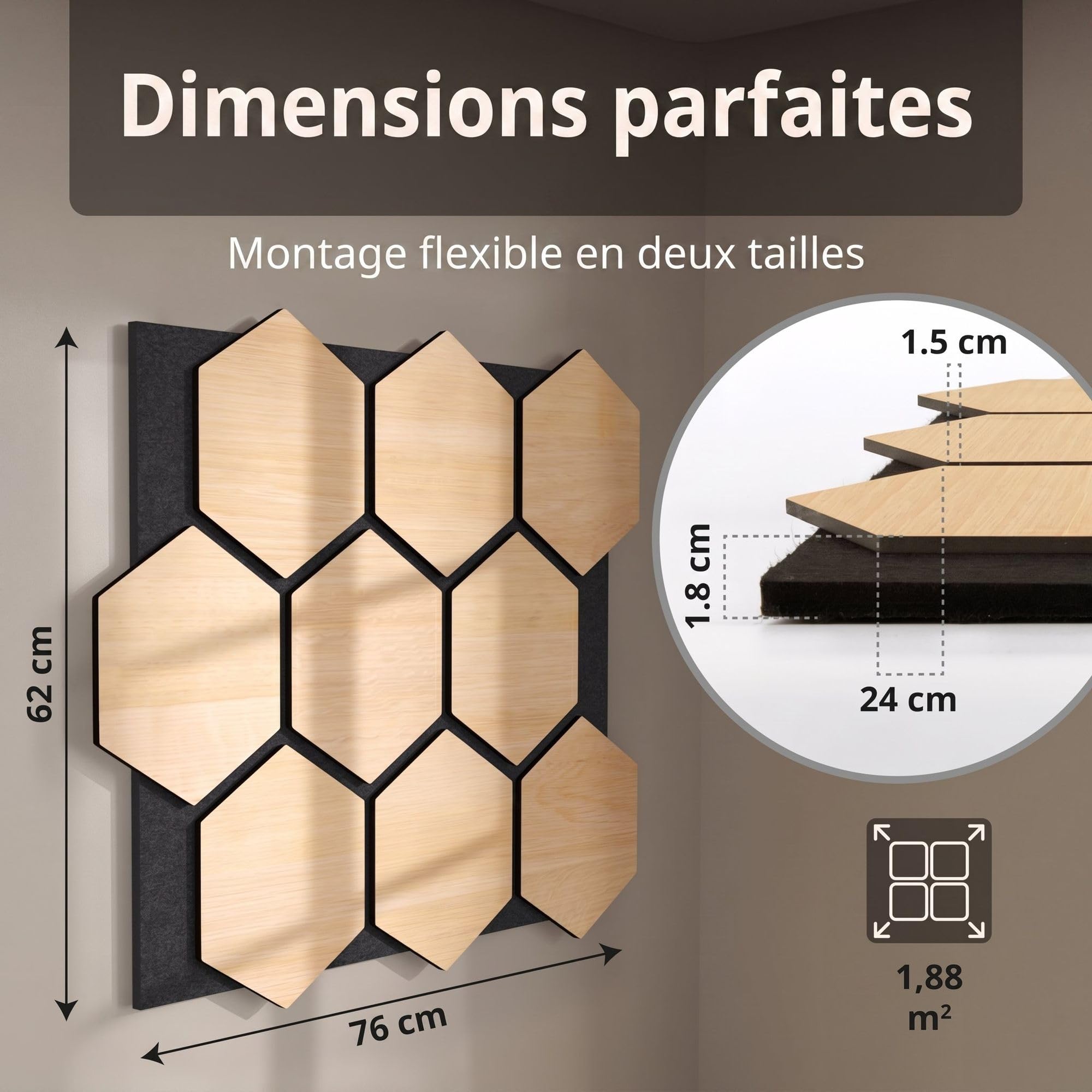 4x Panneaux acoustiques à motif hexagonal 76 x 62cm Noyer bois