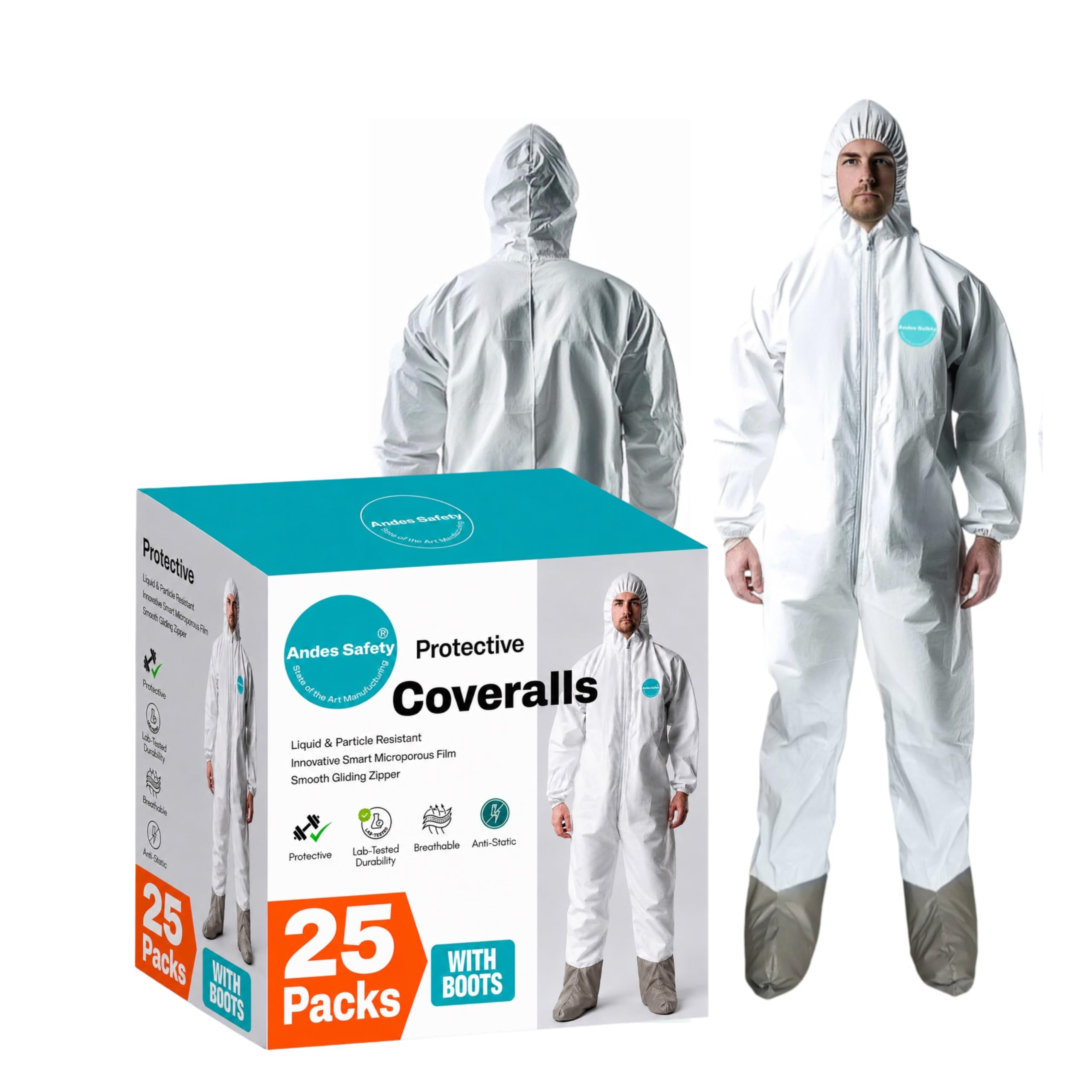 Andes Safety Paquete de 25 overoles protectores desechables con capucha y botas integradas, muñecas elásticas A1414BP