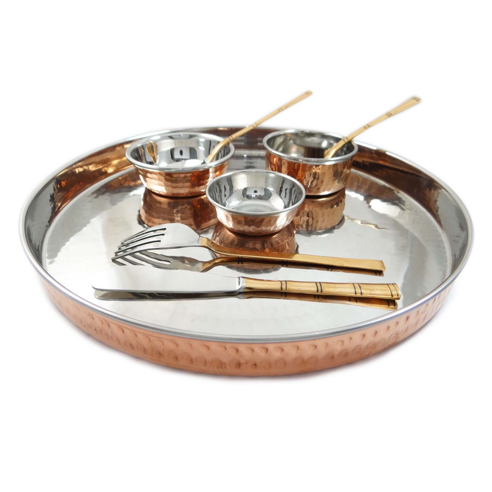 Service de table en acier et cuivre 8 pièces, vaisselle d'exception martelée