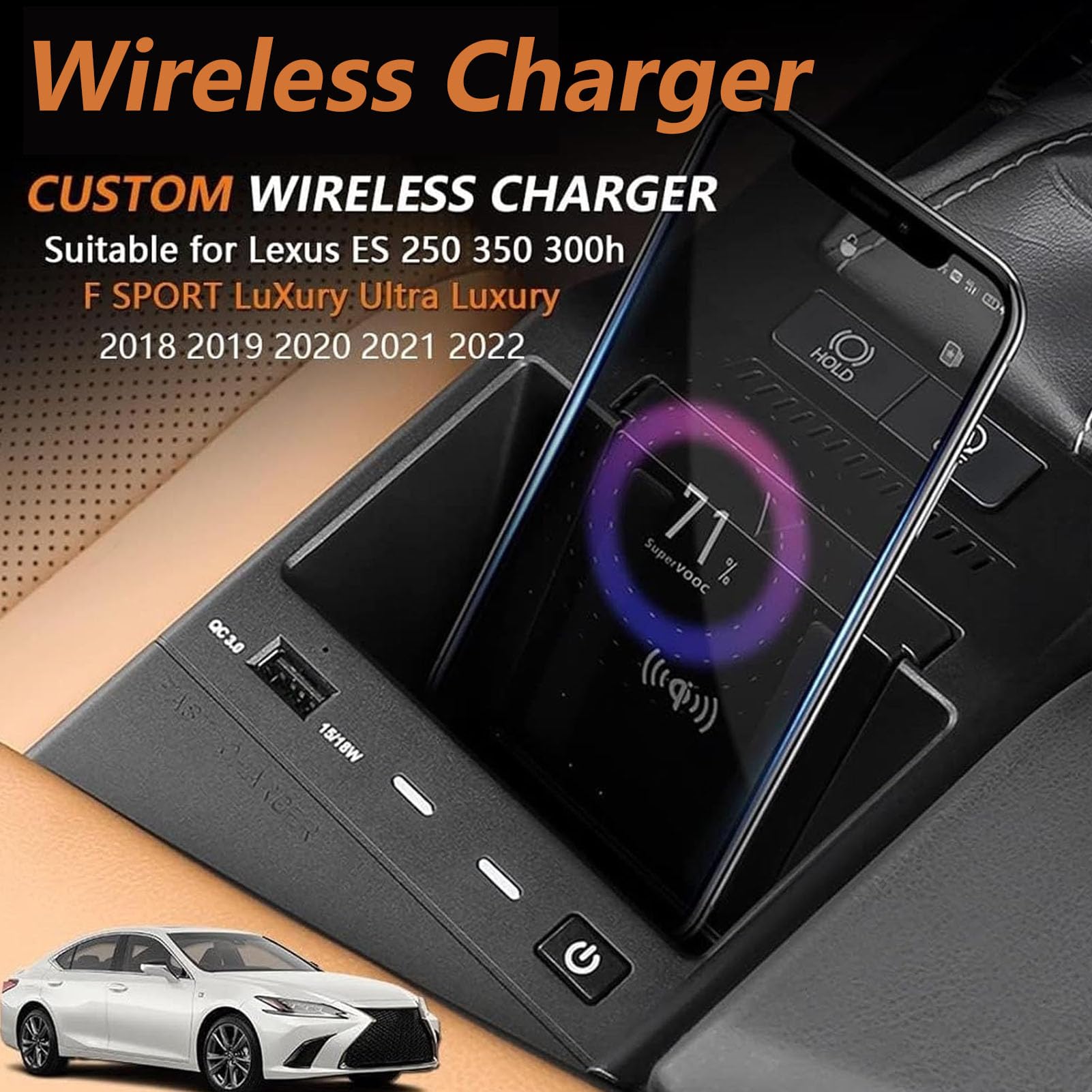 Cargador De Coche Inalámbrico para Lexus ES 2018-2022 Panel De Accesorios De Consola Central,Cargador De Teléfono De Carga Rápida Qi De 15 W Con Puertos USB para Cualquier Teléfono Habilitado p