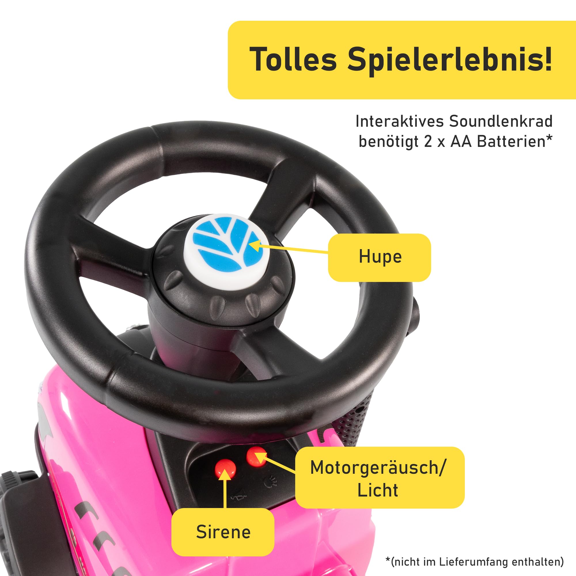 Lemodo Rutschauto Traktor New Holland ab 1 Jahr | Kinderauto mit Anhänger | Rutschfahrzeug mit Schaufel und Rechen | Kinderfahrzeug in pink | Rutscher mit Sound, Licht | Lizenziertes Kinderspielzeug